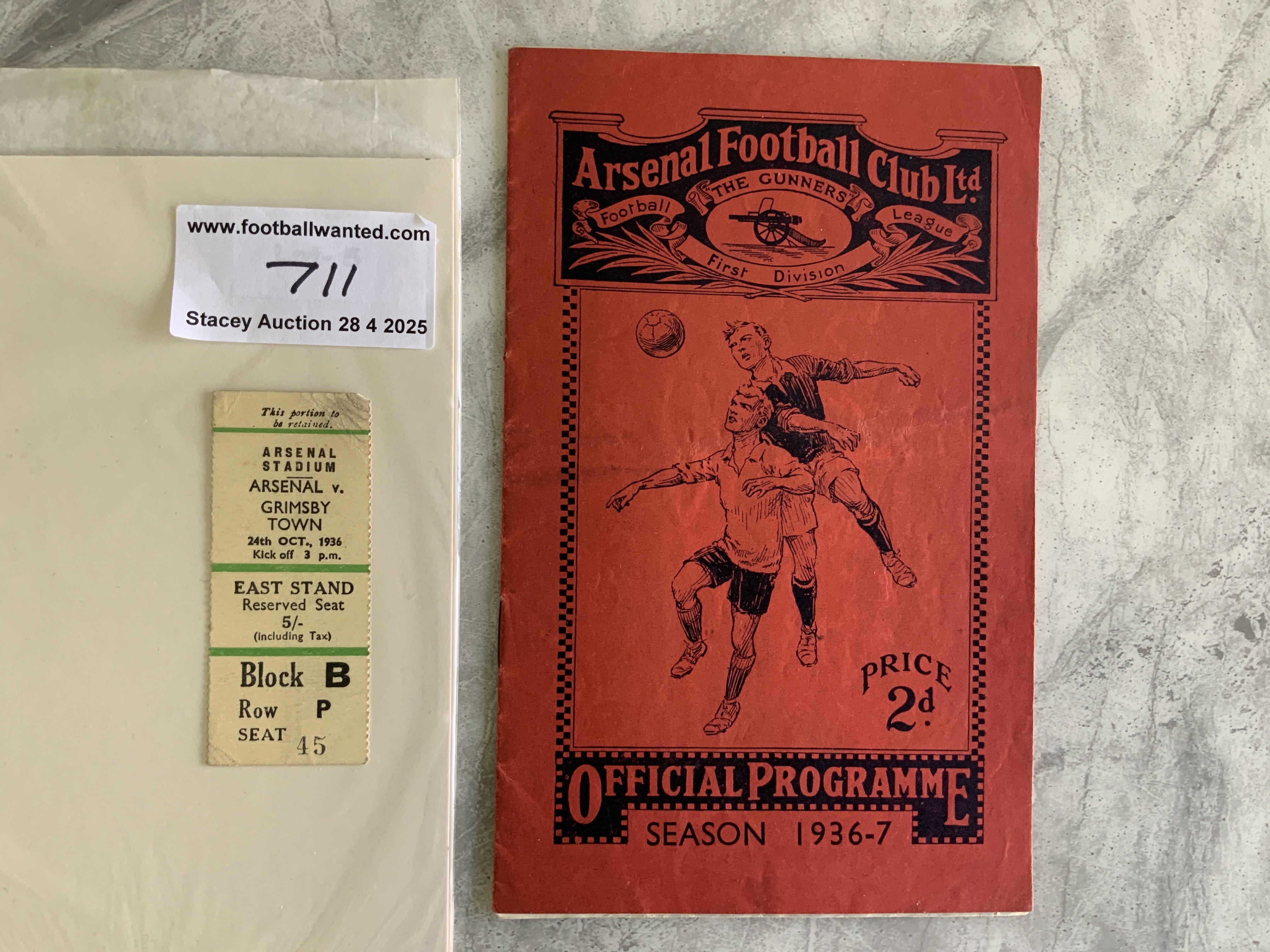 36/37 Arsenal v Grimsby Town Football Programme + Ticket: Inauguration of the East Stand match dated 24 10 1936. Incredibly the ticket is for the East Stand so it will be the first match in the newly built stand. Both good. (2)