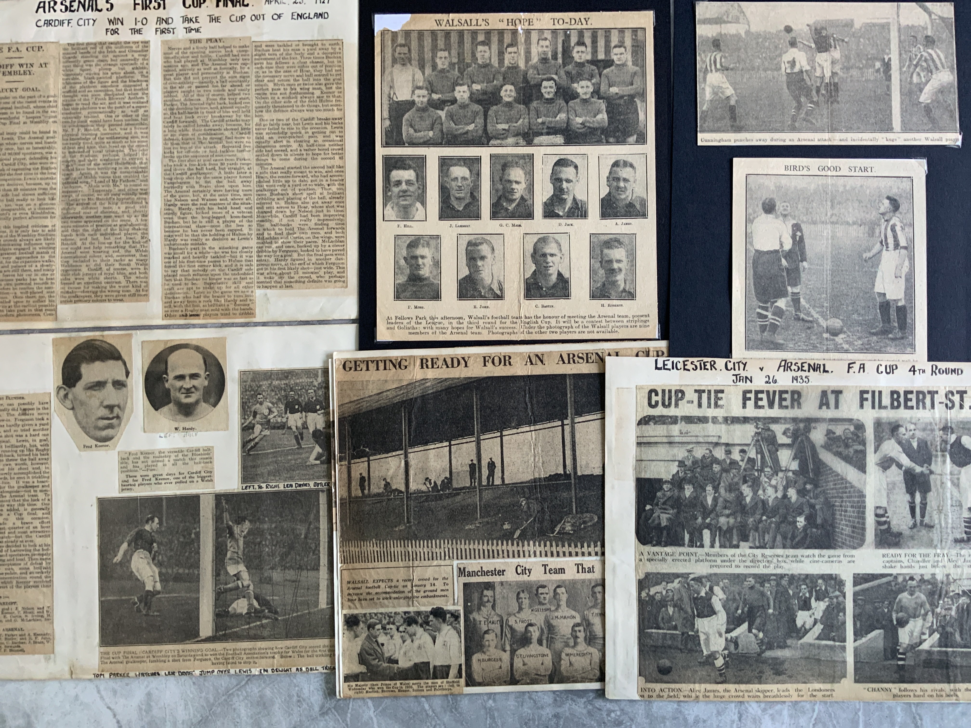 Pre War Arsenal Football Scrapbook: Pages removed from scrapbook with original newspaper reports of famous matches including 1927 + 1936 FA Cup Final, 1933 defeat to Walsall, 1935 Leicester FA Cup and more. 17 pages mostly relating to Arsenal with some pages having more to rear.