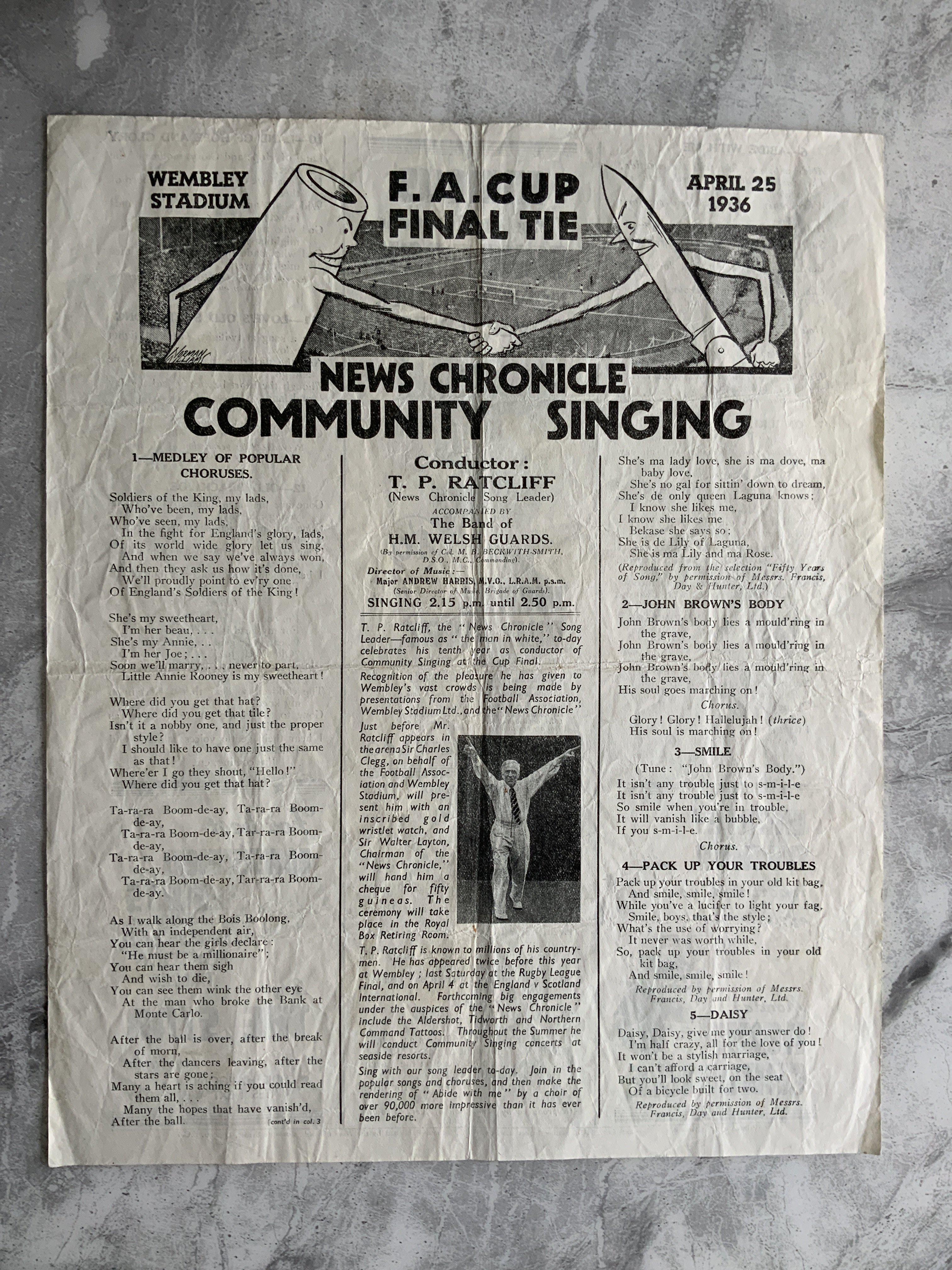 1936 FA Cup Final Football Song Sheet: Arsenal v Sheffield United News Chronicle large single sheet Community Singing in good condition. Folding and creasing.