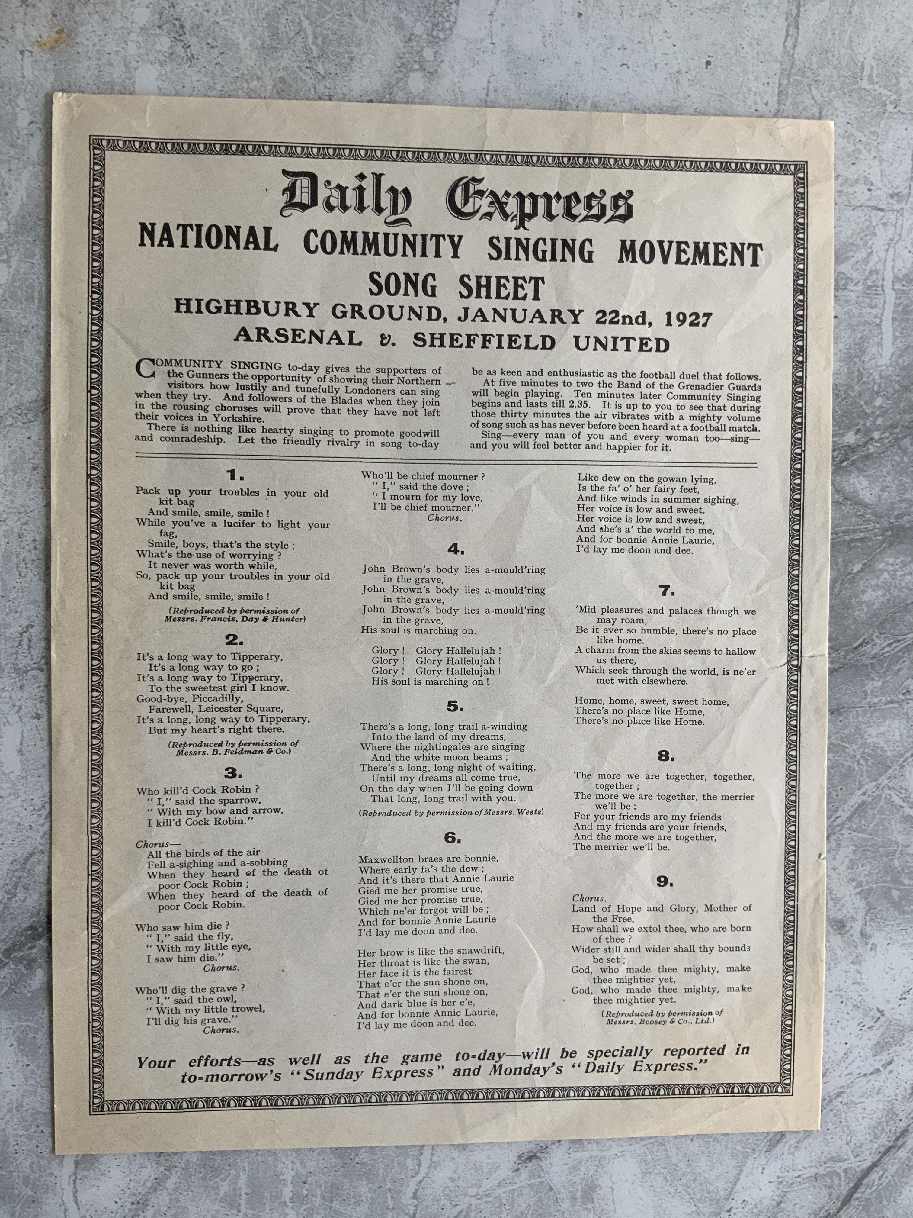 1937 Song Sheet Arsenal v Sheffield United: Daily Express single sheet song sheet in very good condition. Unusually for the league match dated 22 1 1927 played at Highbury.