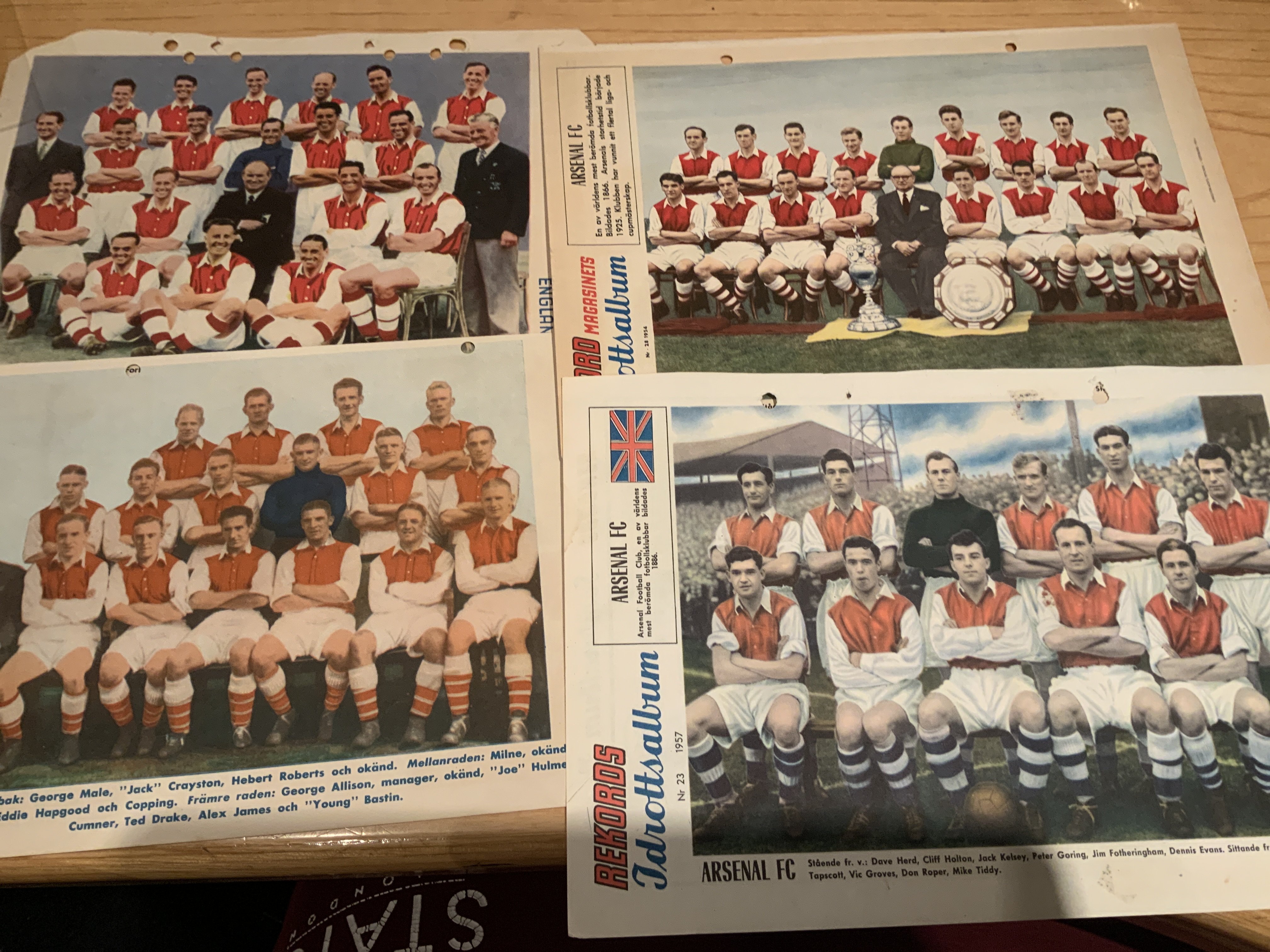 Rare Arsenal Football Team Group Pictures: Large colour team groups taken from Swedish magazine Rekords. Includes 1936 1948 1954 1957 1964 and 1966. Excellent. (7)