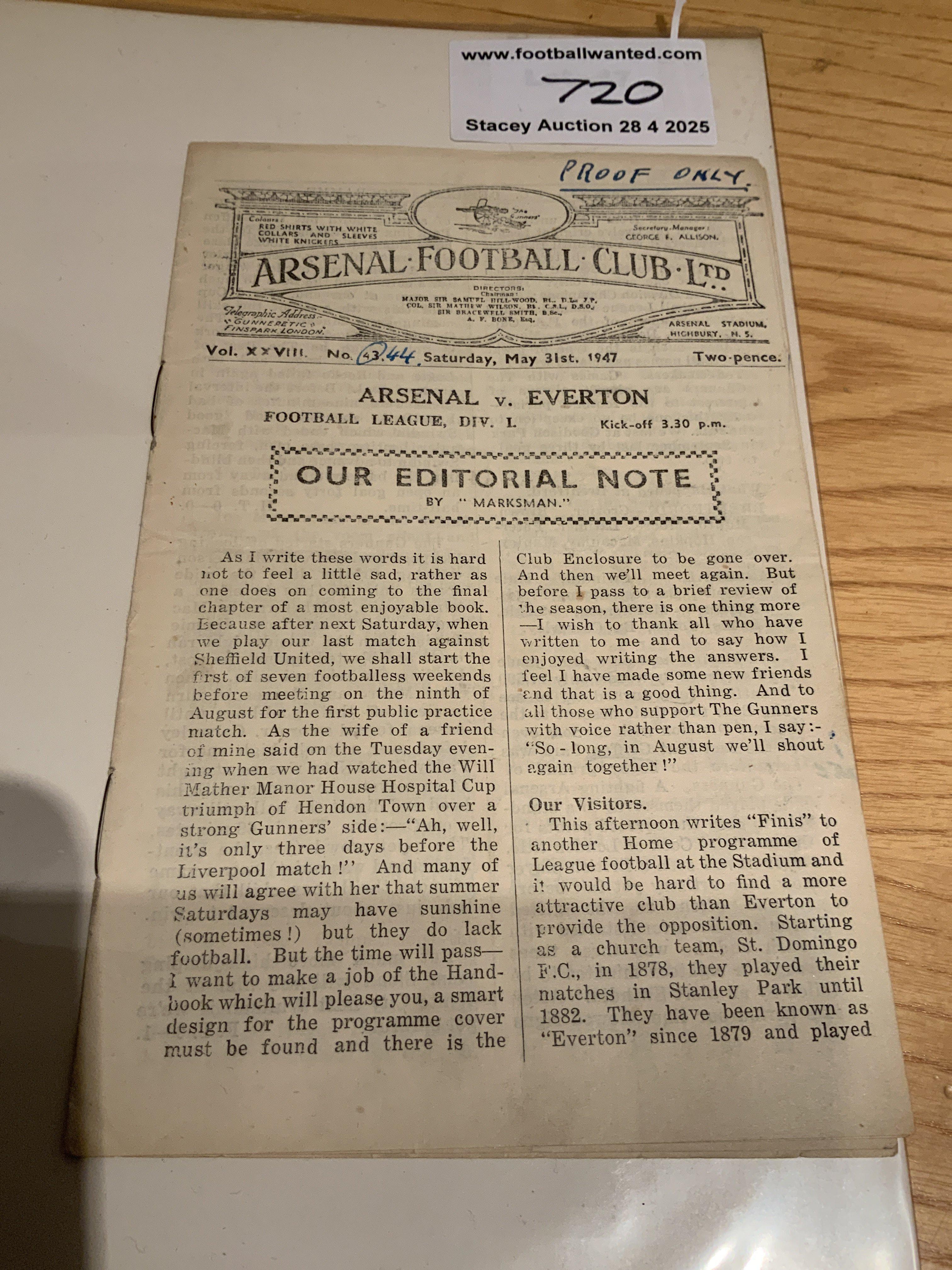 46/47 Arsenal v Everton Printers Proof Football Programme: Proof only written to cover with amendment changing programme number 43 to 44. Inside is a couple of mistakes that have been highlighted. One off.