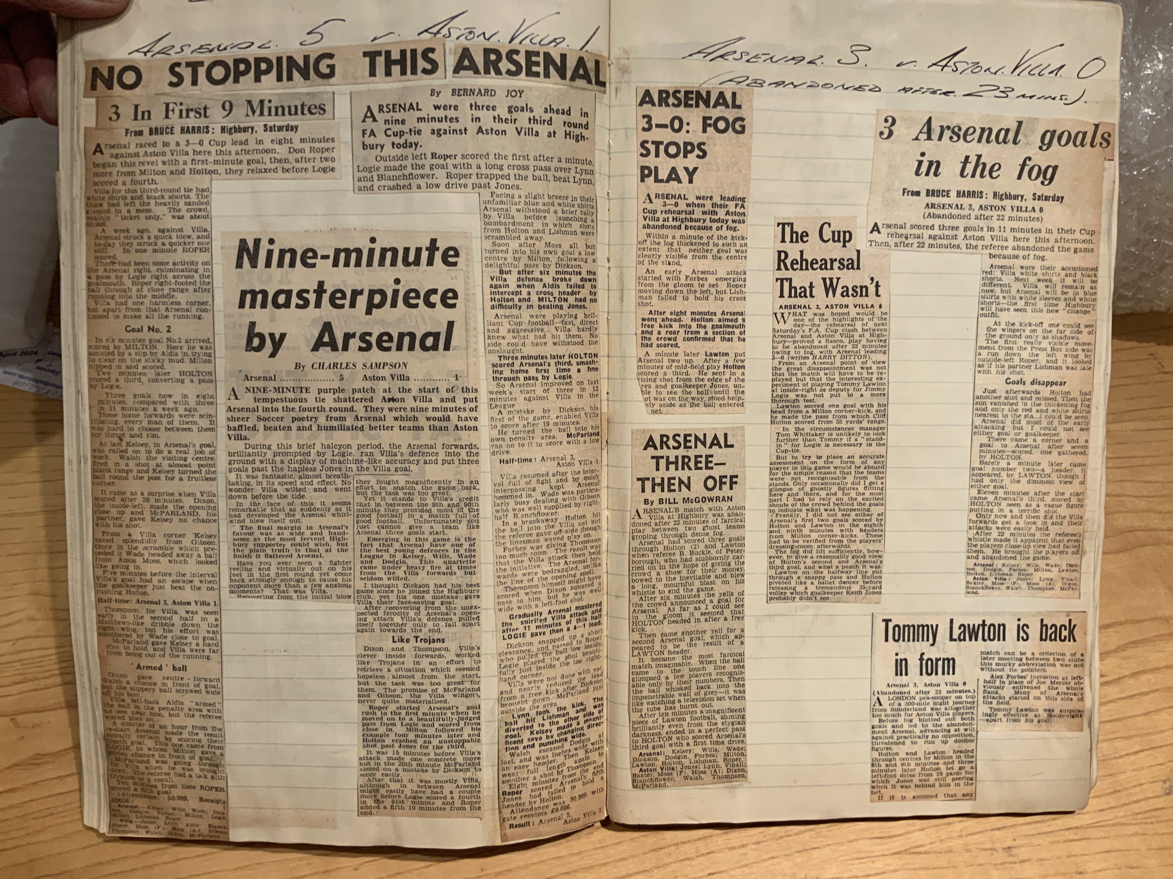 53/54 Arsenal Football Scrapbook: Comprehensive scrapbook possibly covering all matches with match reports etc. instructions to sell.