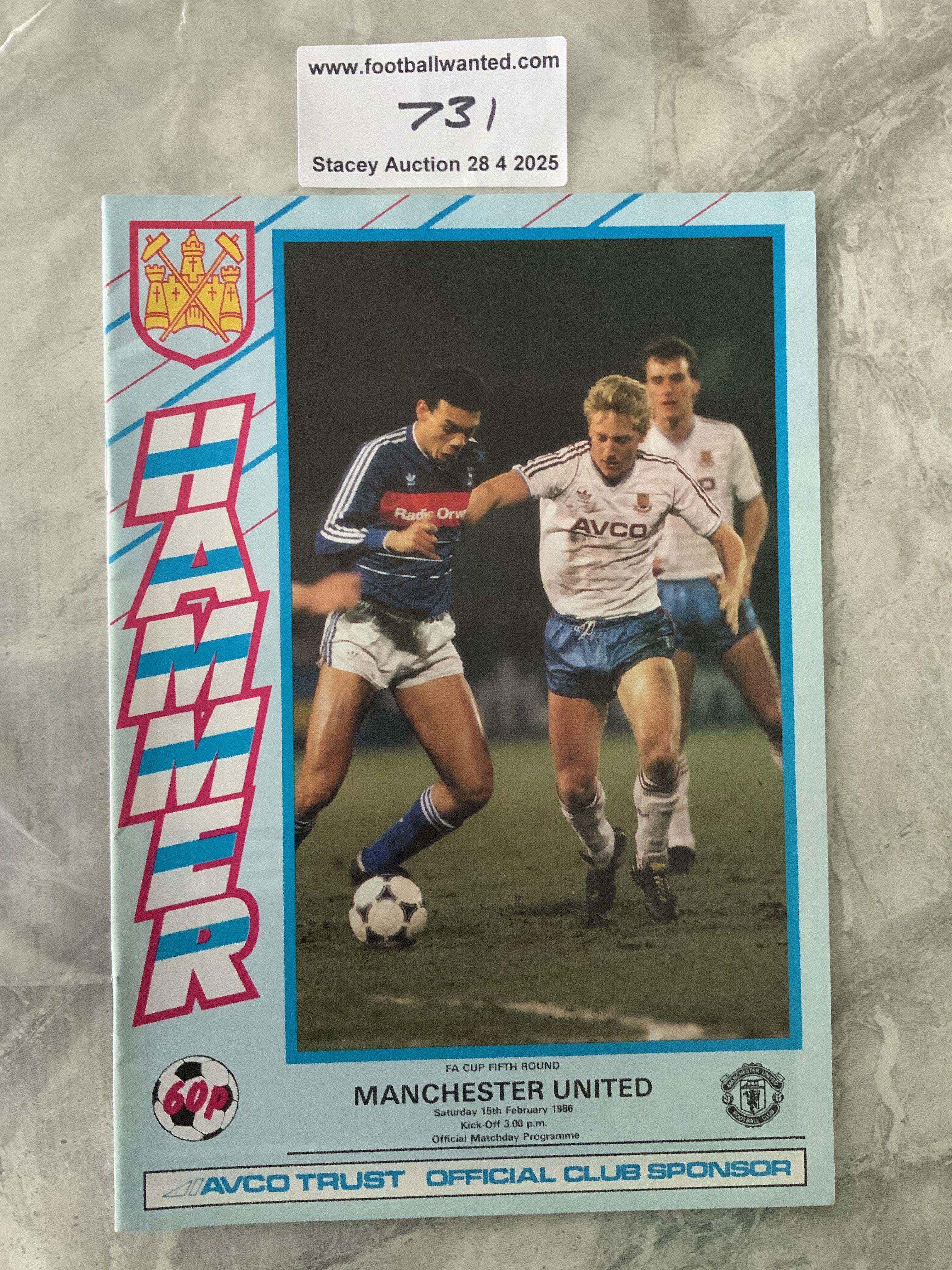 85/86 West Ham v Manchester United Postponed Football Programme: FA Cup match dated 15 2 1986. Always been a strange programme as we believe printers Helliars replaced a page inside to update results a week later. The match was played 2 weeks later and they decided to issue a fresh programme. Very rare.
