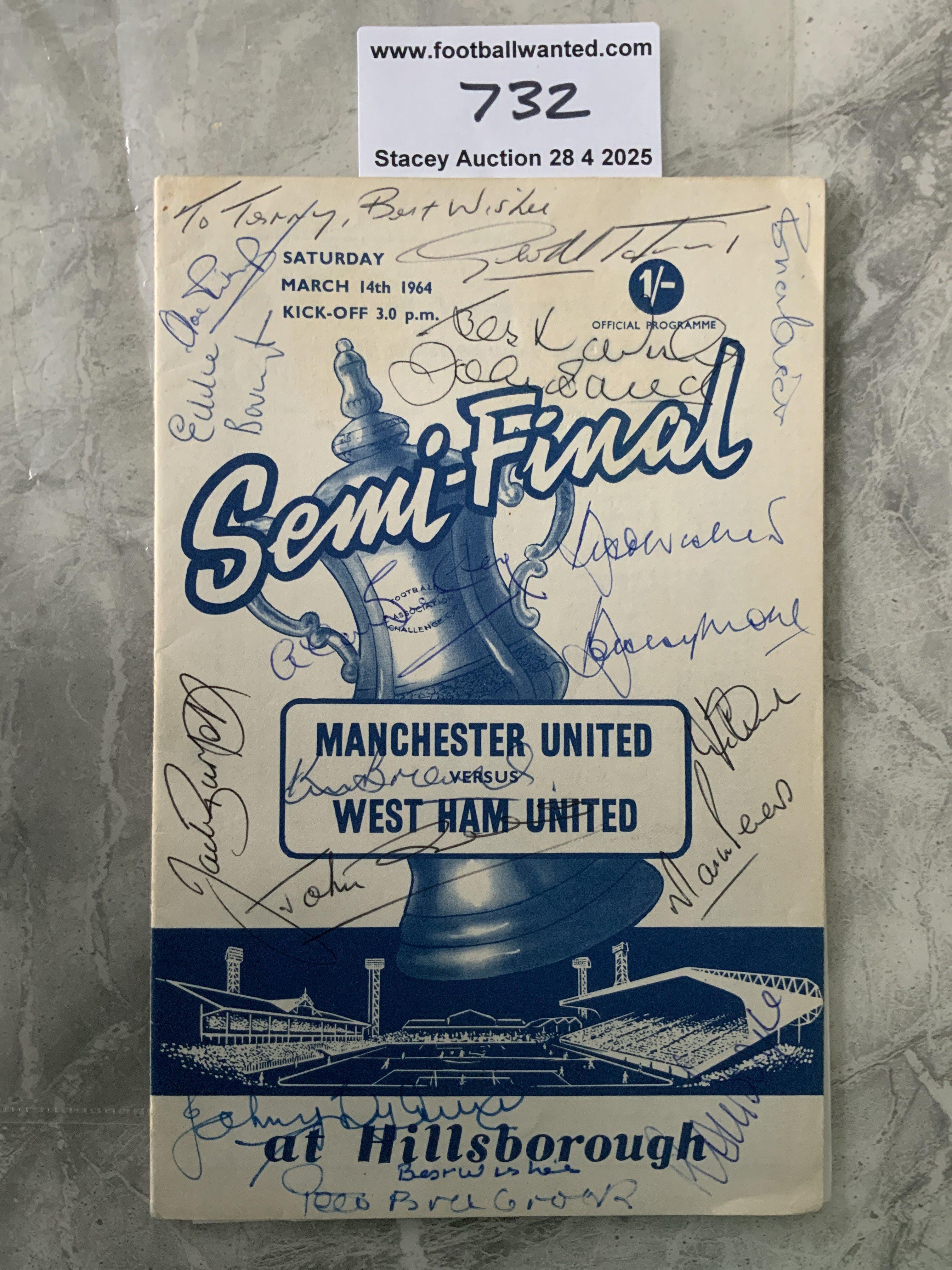 West Ham 1964 FA Cup Semi Final Fully Signed Football Programme: Stunning item with every player that played in the famous battle in the mud having signed the cover. Only Hurst has dedicated to Terry. Additionally Dear Kirkup Peters and Sealey have also signed.