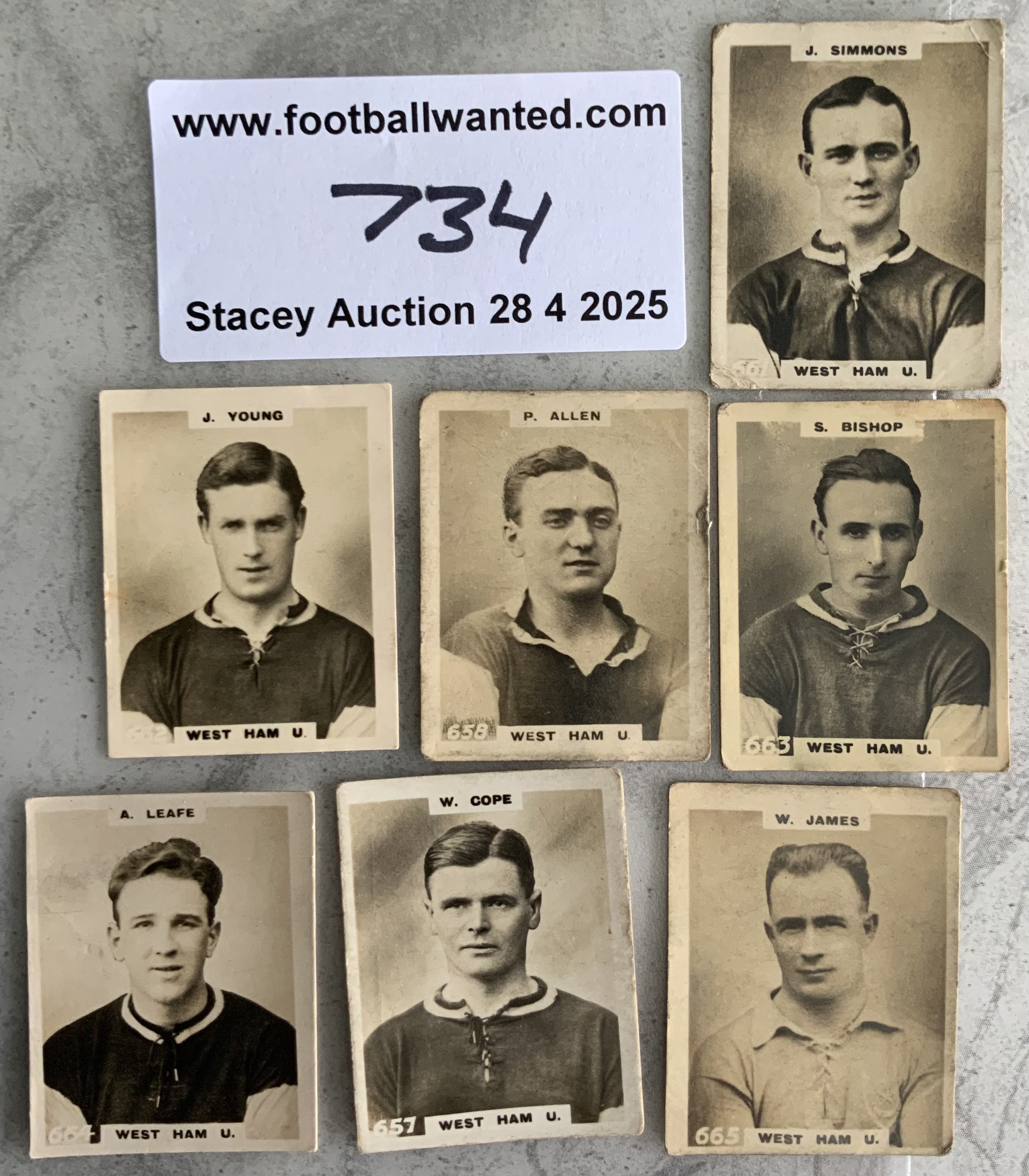 West Ham 1920 - 1921 Pinnace Football Cards: 7 cards in mainly good condition from the set to include Bishop and Young who both played in the 1923 FA Cup Final. (7)