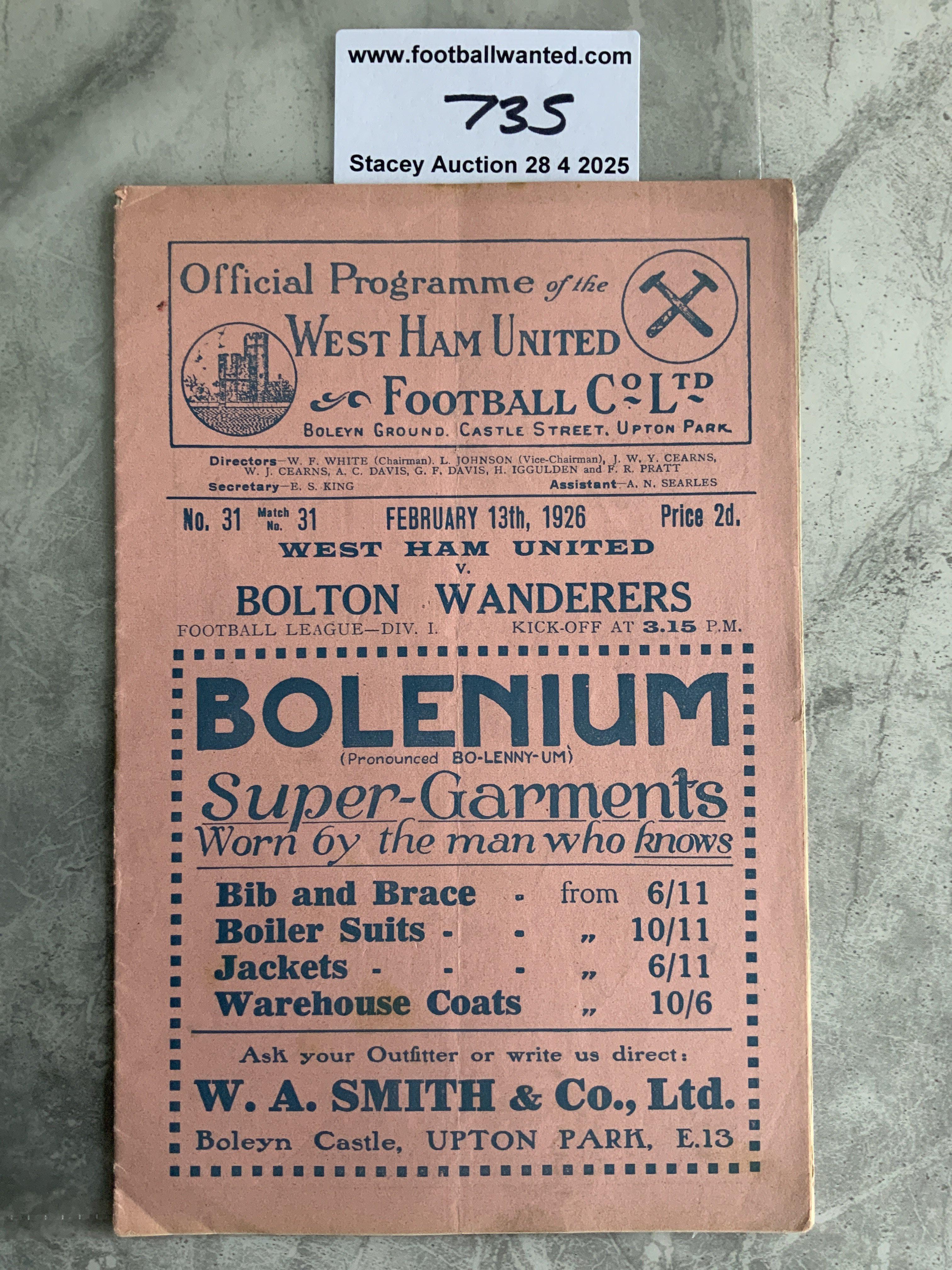 1925 - 1926 West Ham v Bolton Wanderers Football Programme: Excellent condition division 1 programme with no team changes.