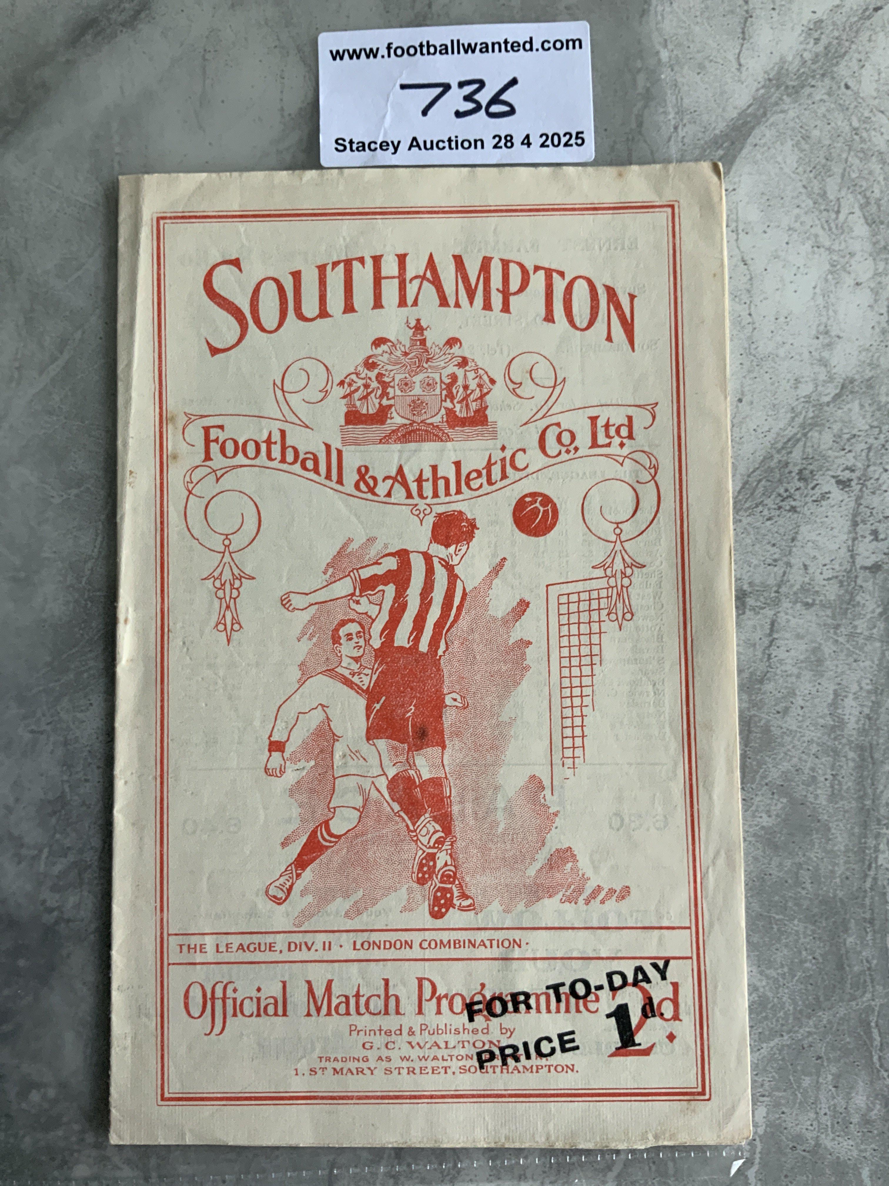 36/37 Southampton Reserves v West Ham Football Programme: Very good condition London Combination programme with no team changes.