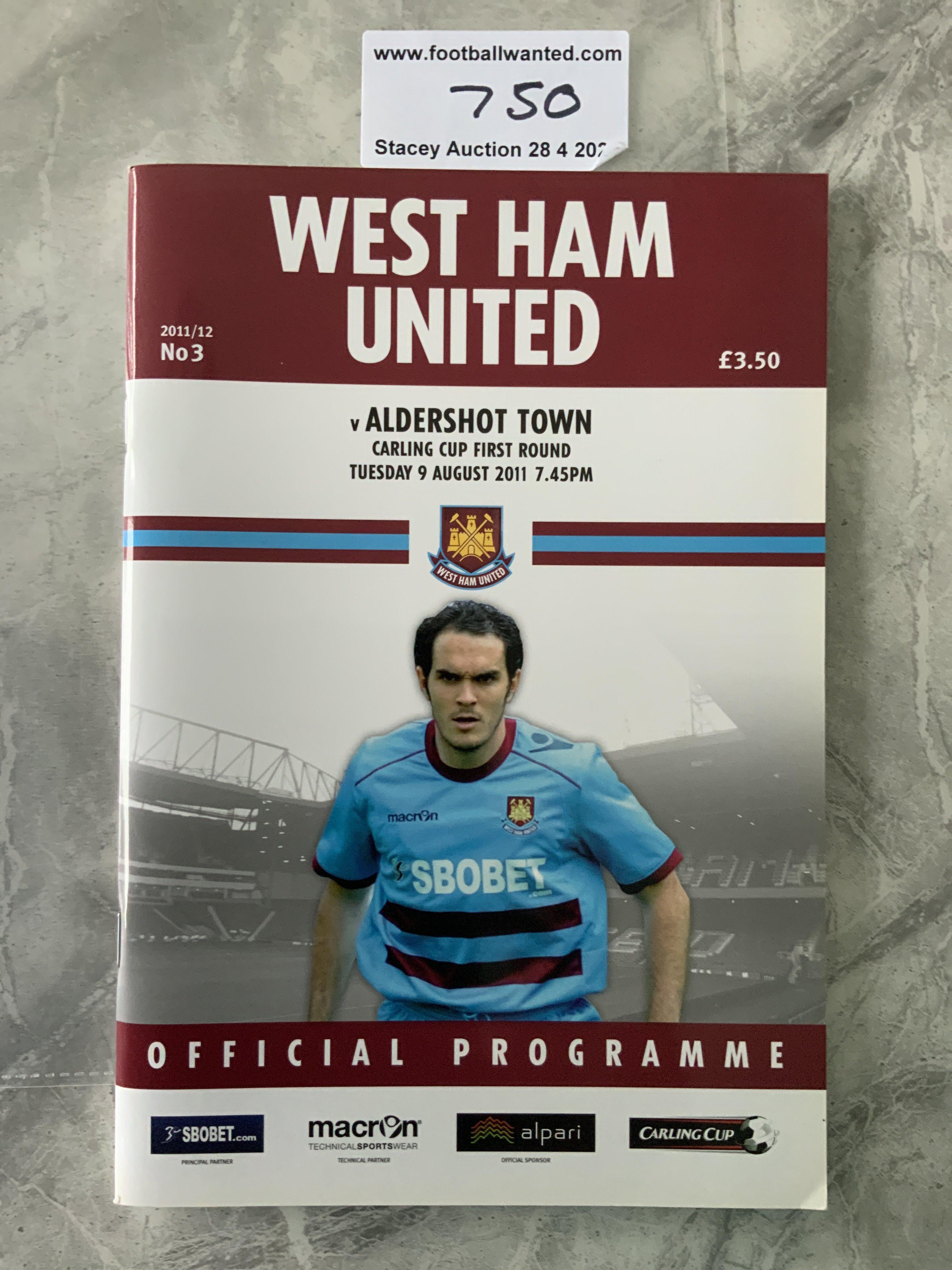 2011 - 2012 West Ham v Aldershot Postponed Football Programme: Carling Cup dated 9 8 2011 in mint condition. Rare as postponed due to Tottenham riots and a destruction certificate was issued meaning all programmes should be pulped.