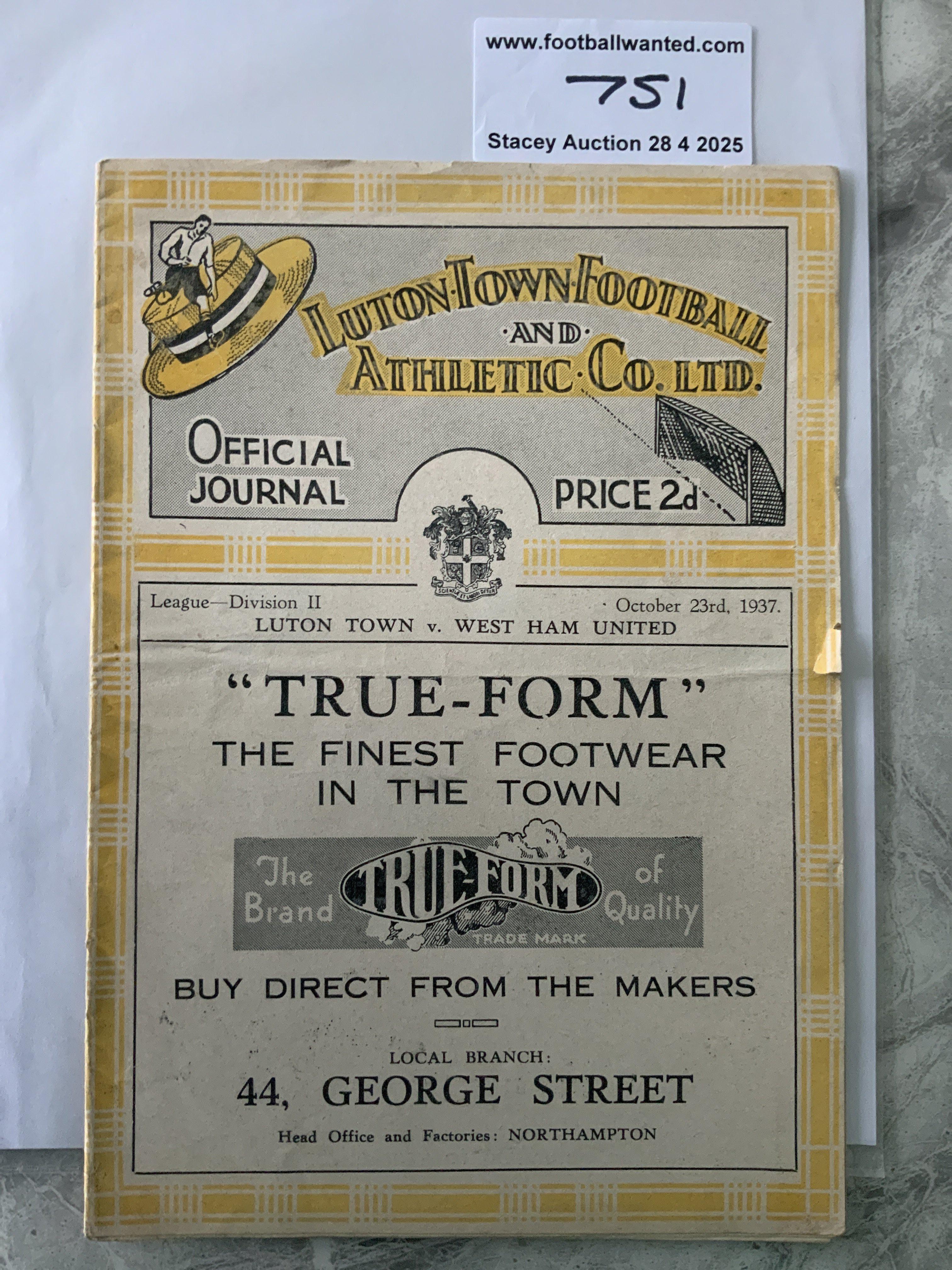 37/38 Luton Town v West Ham Football Programme: Division Two match in fair/good condition with no team changes. Tiny piece to border of cover present but needs reattaching. Fold.