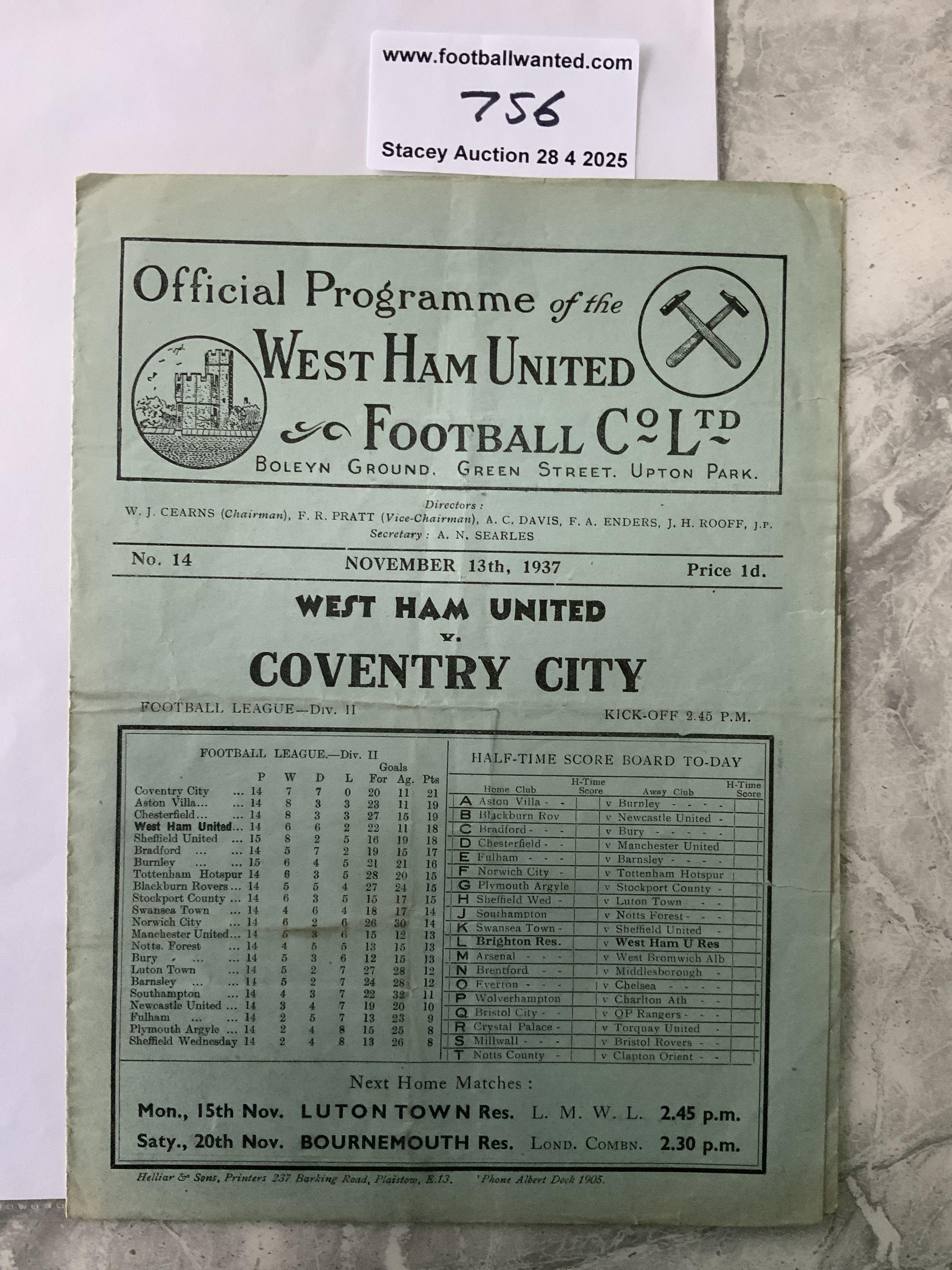 37/38 West Ham v Coventry City Football Programme: Division Two match in good condition with no team changes. Tiny tear to border.