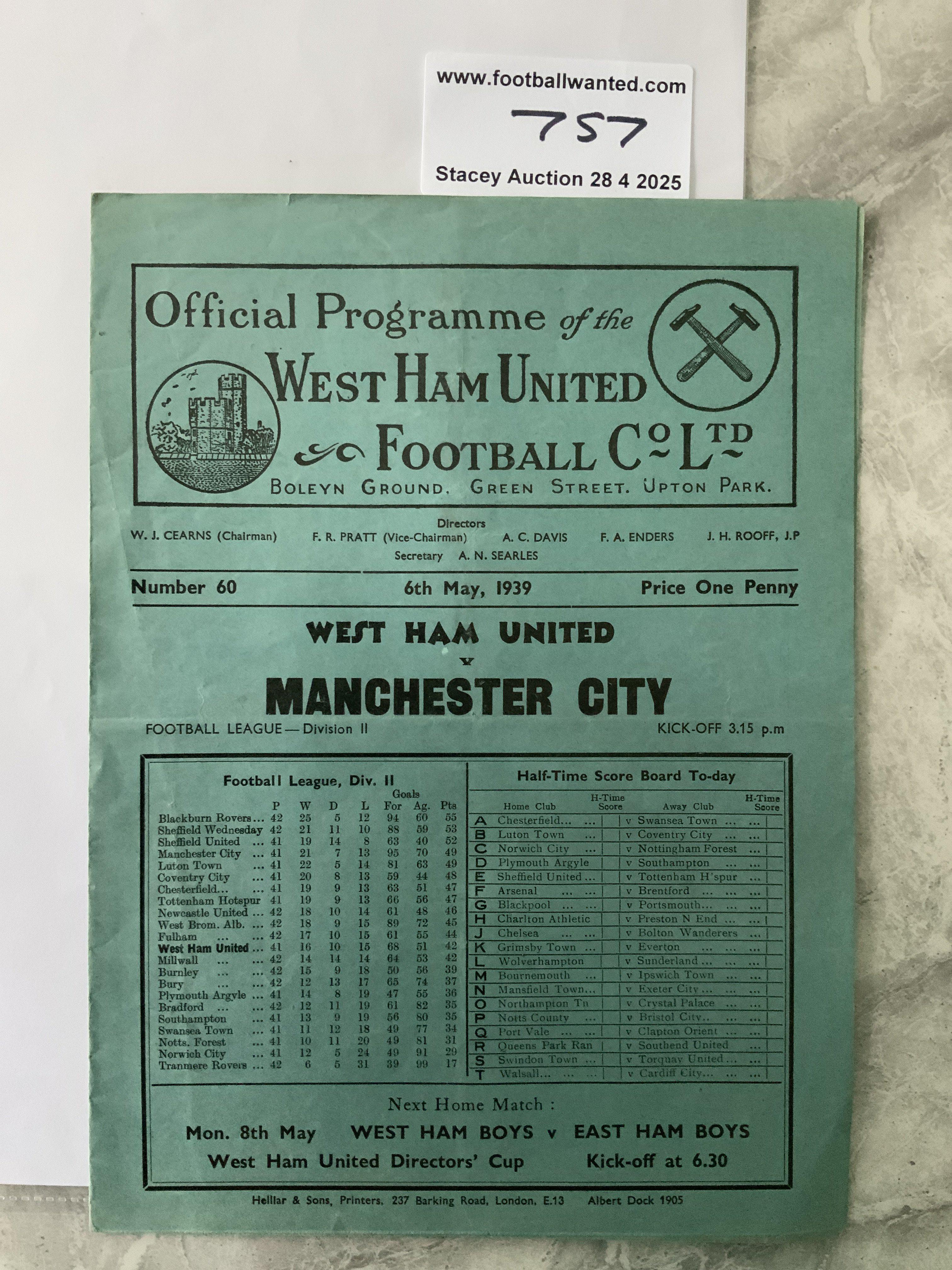 38/39 West Ham v Manchester City Football Programme: Division Two match in very good condition with no team changes.