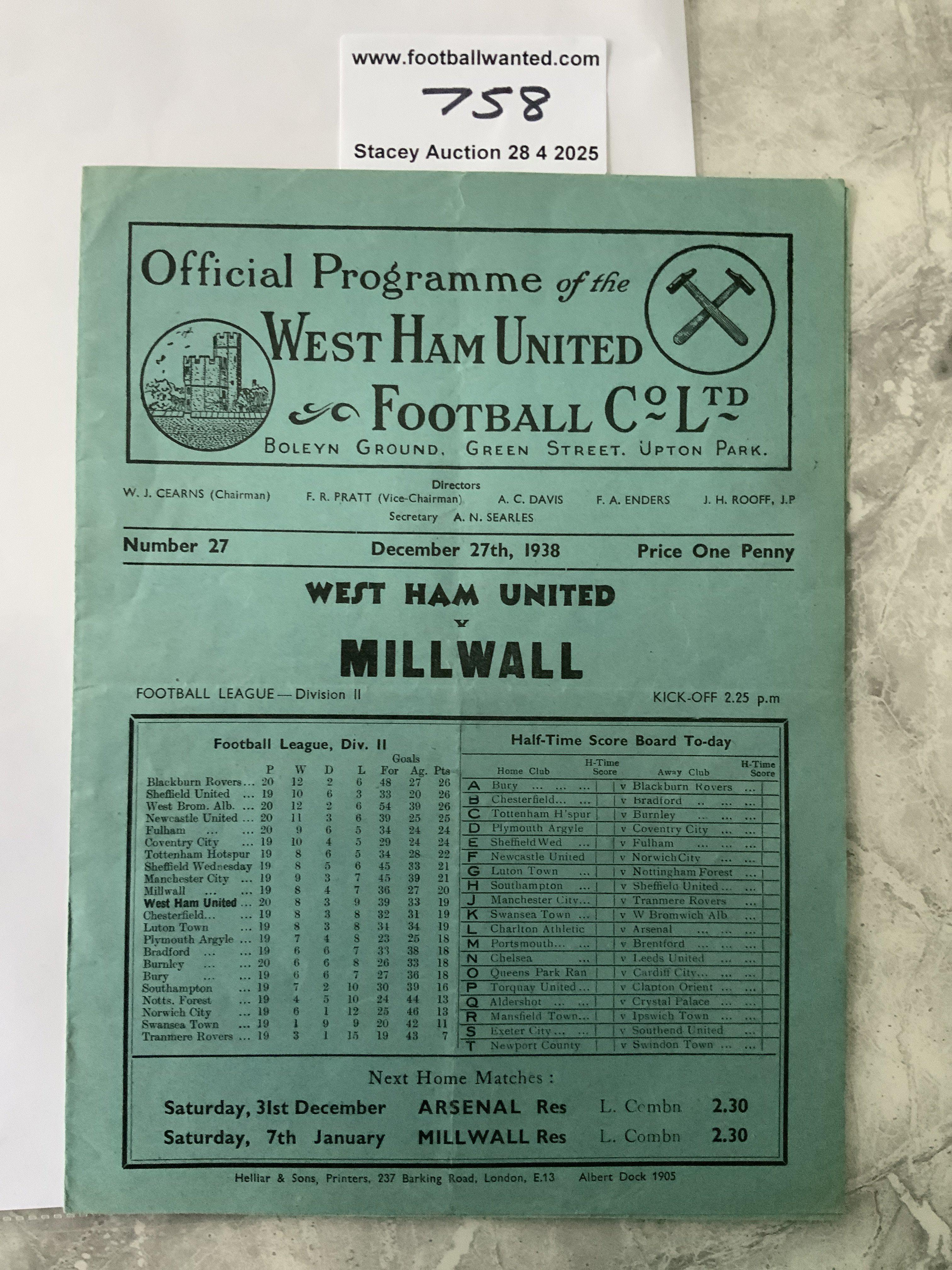 38/39 West Ham v Millwall Football Programme: Division Two match in very good condition with no team changes.