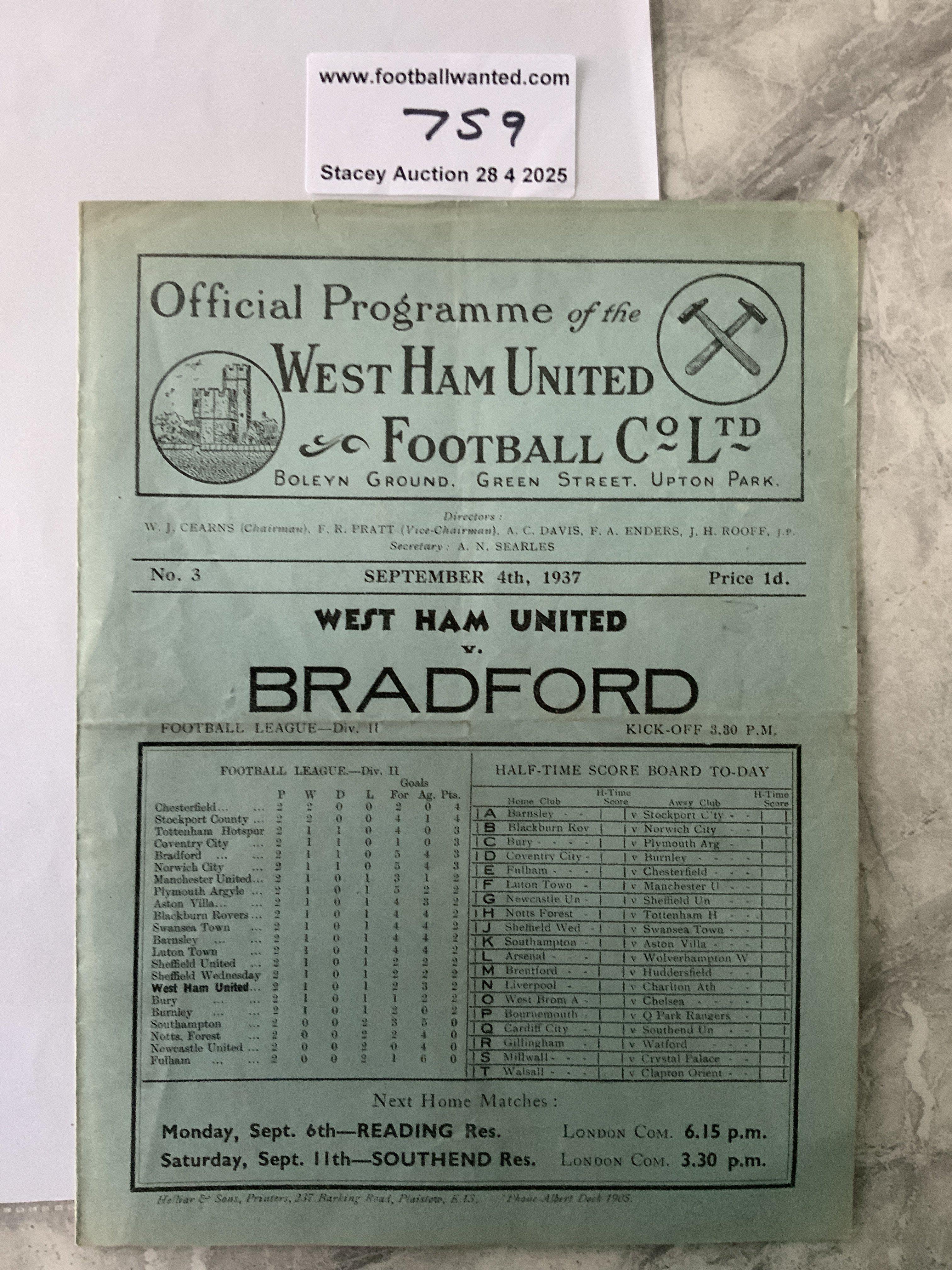 37/38 West Ham v Bradford Park Avenue Football Programme: Division Two match in very good condition with no team changes.