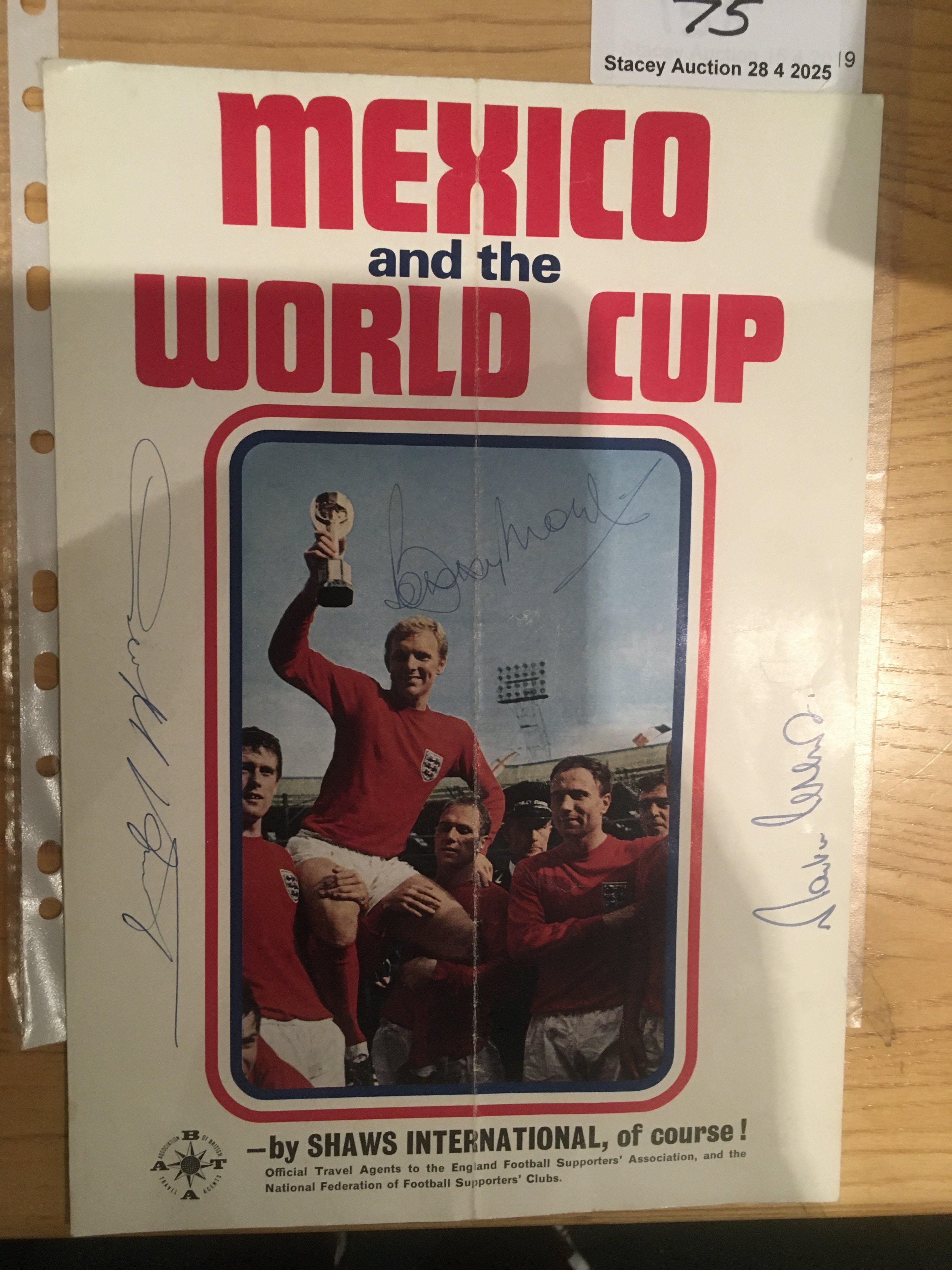 1966 England World Cup + West Ham Stars Signed Brochure: 1970 World Cup travel brochure by Shaws featuring Bobby Moore being held aloft with the World Cup in 1966. Hand signed to cover by Moore Hurst and Peters. Fold.