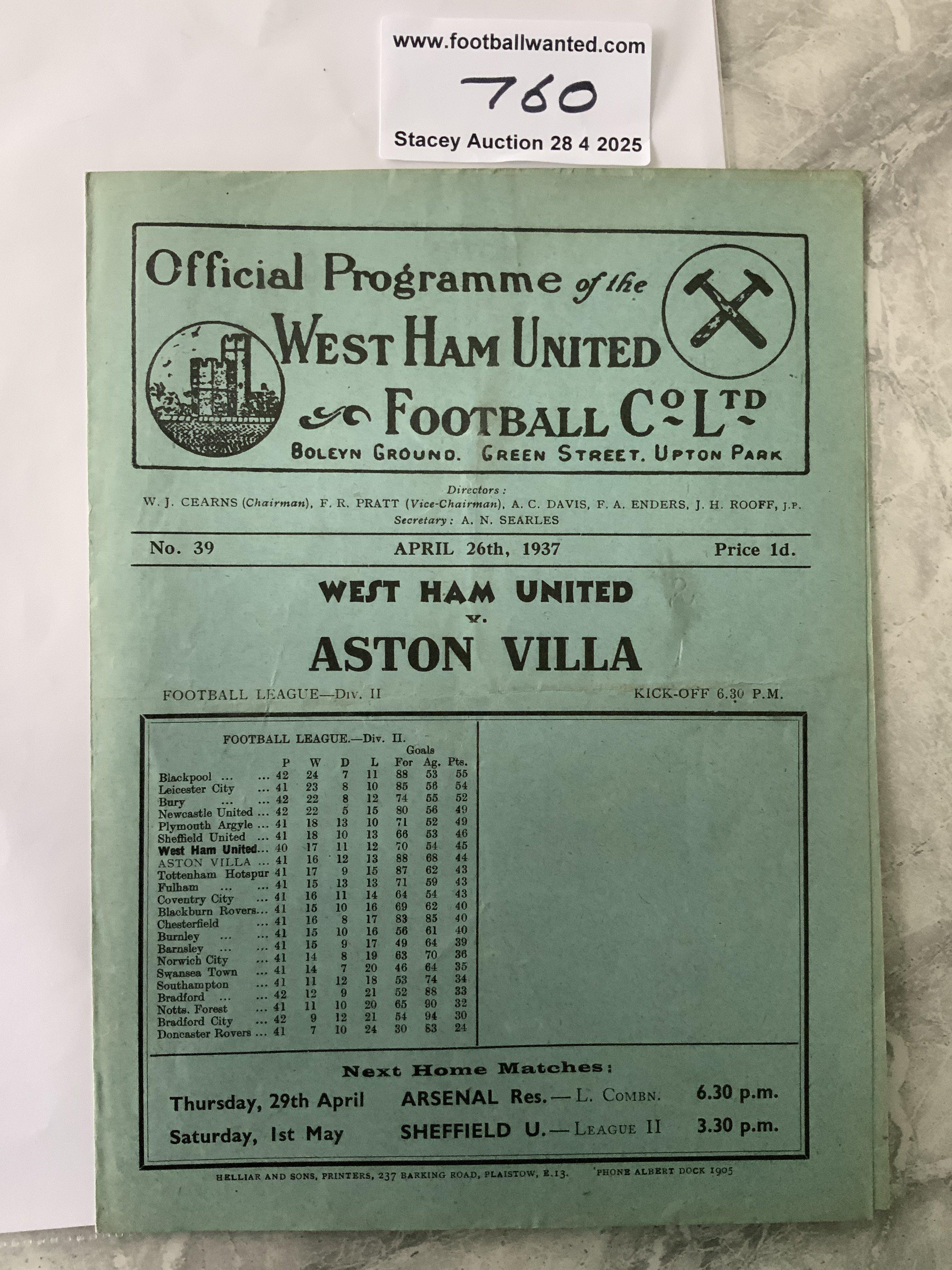 36/37 West Ham v Aston Villa Football Programme: Division Two match in very good condition with no team changes.