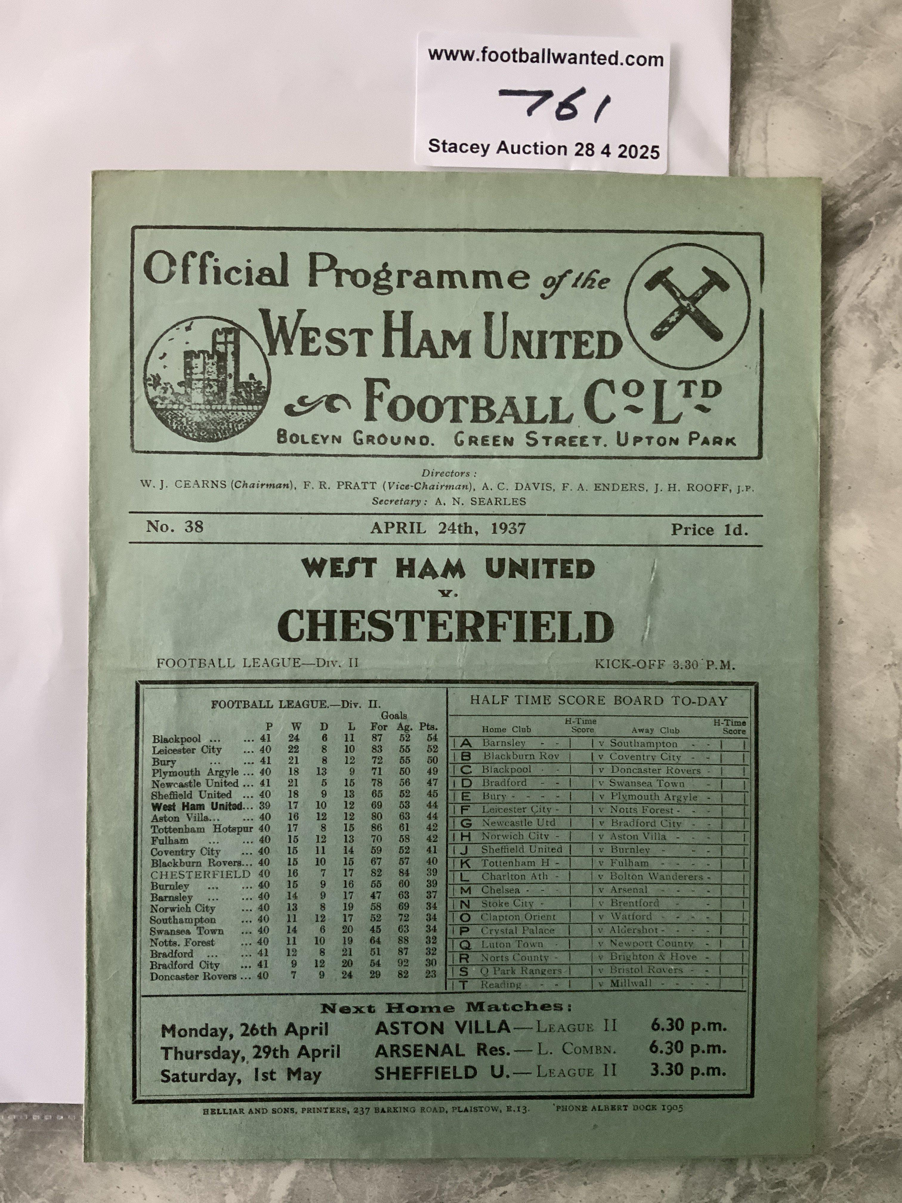 36/37 West Ham v Chesterfield Football Programme: Division Two match in very good condition with no team changes.