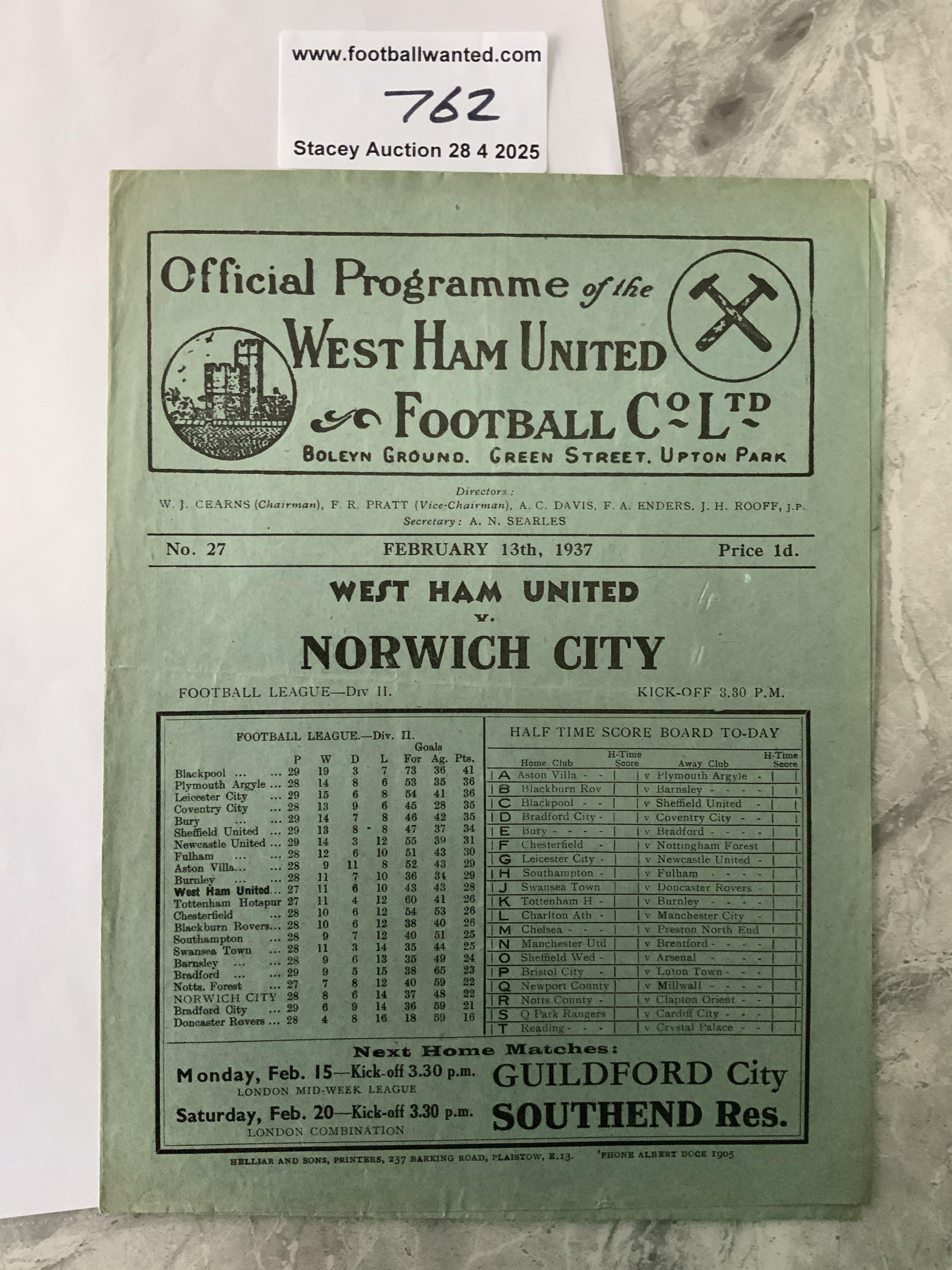 36/37 West Ham v Norwich City Football Programme: Division Two match in very good condition with no team changes.