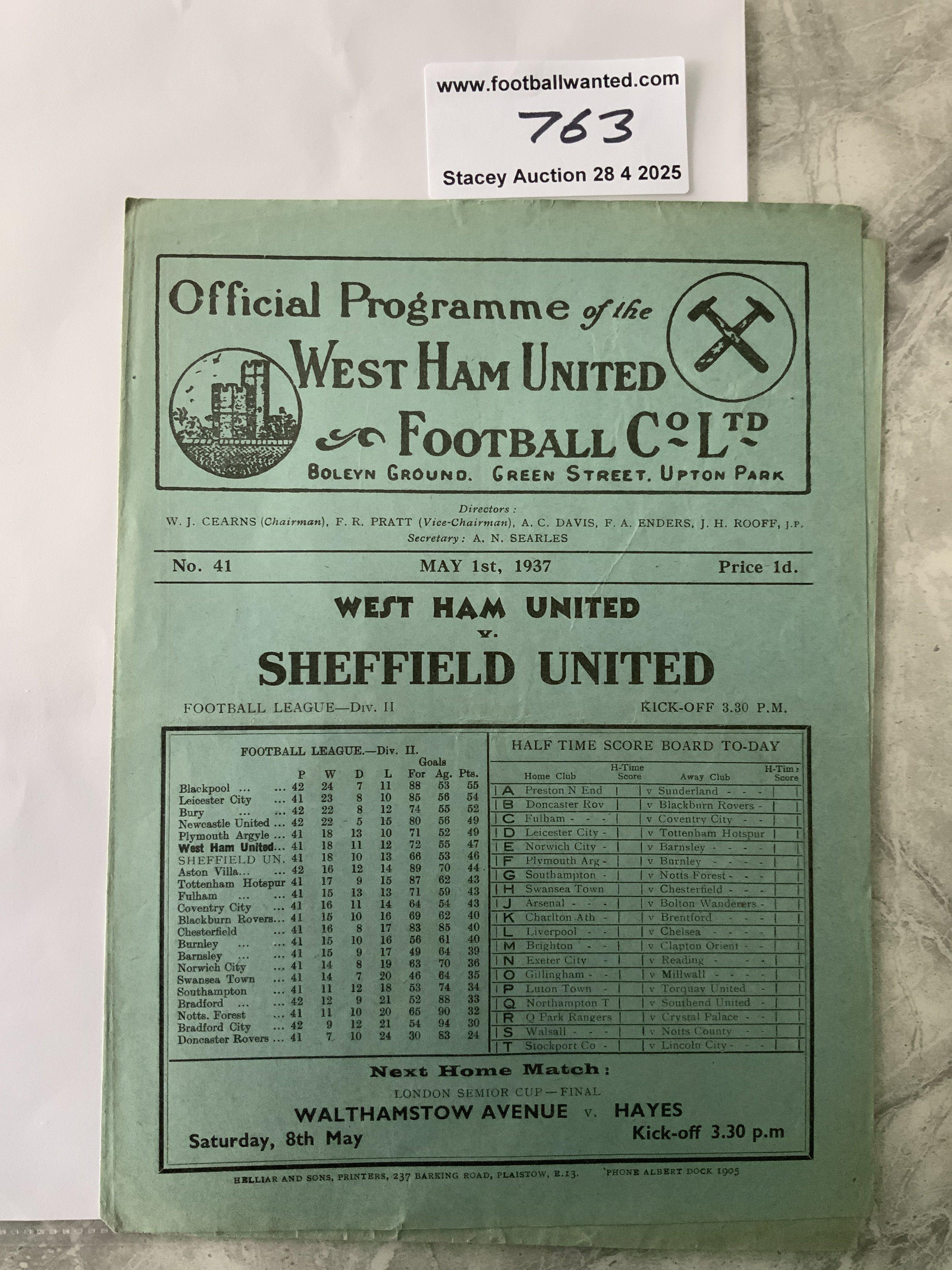 36/37 West Ham v Sheffield United Football Programme: Division Two match in very good condition with no team changes.