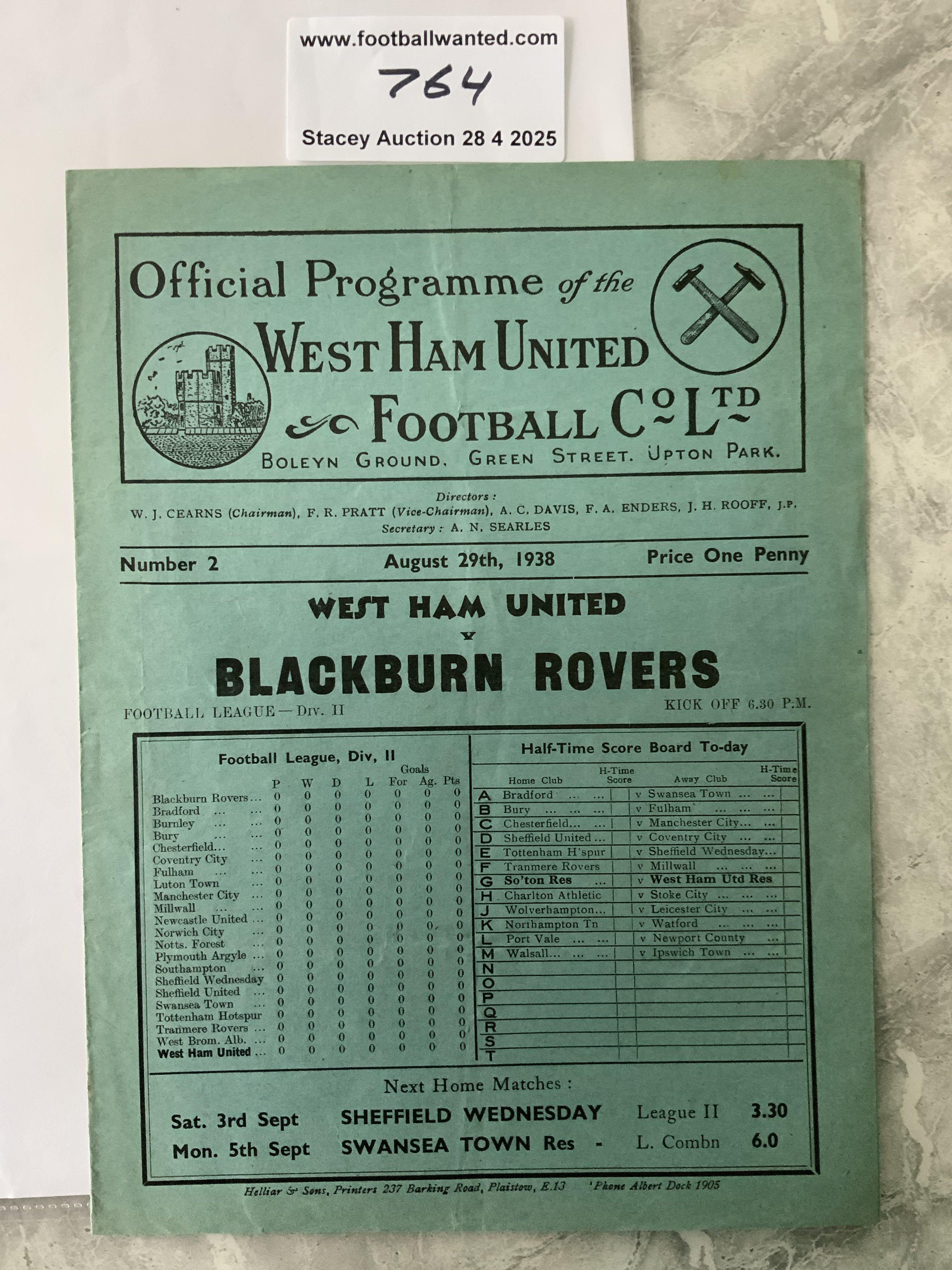 38/39 West Ham v Blackburn Rovers Football Programme: Division Two match in very good condition with no team changes.