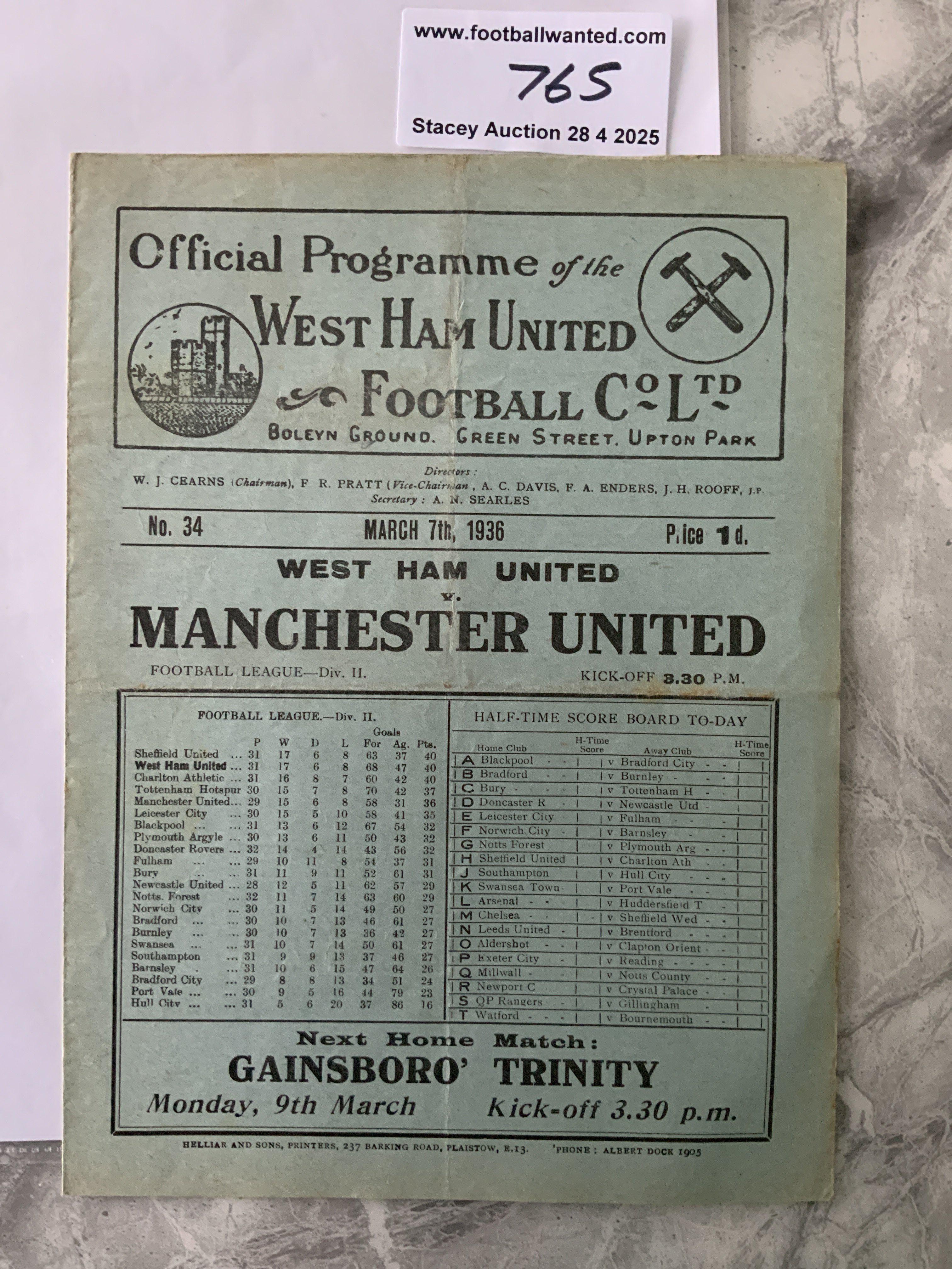 35/36 West Ham v Manchester United Football Programme: Division Two match in very good condition with no team changes.