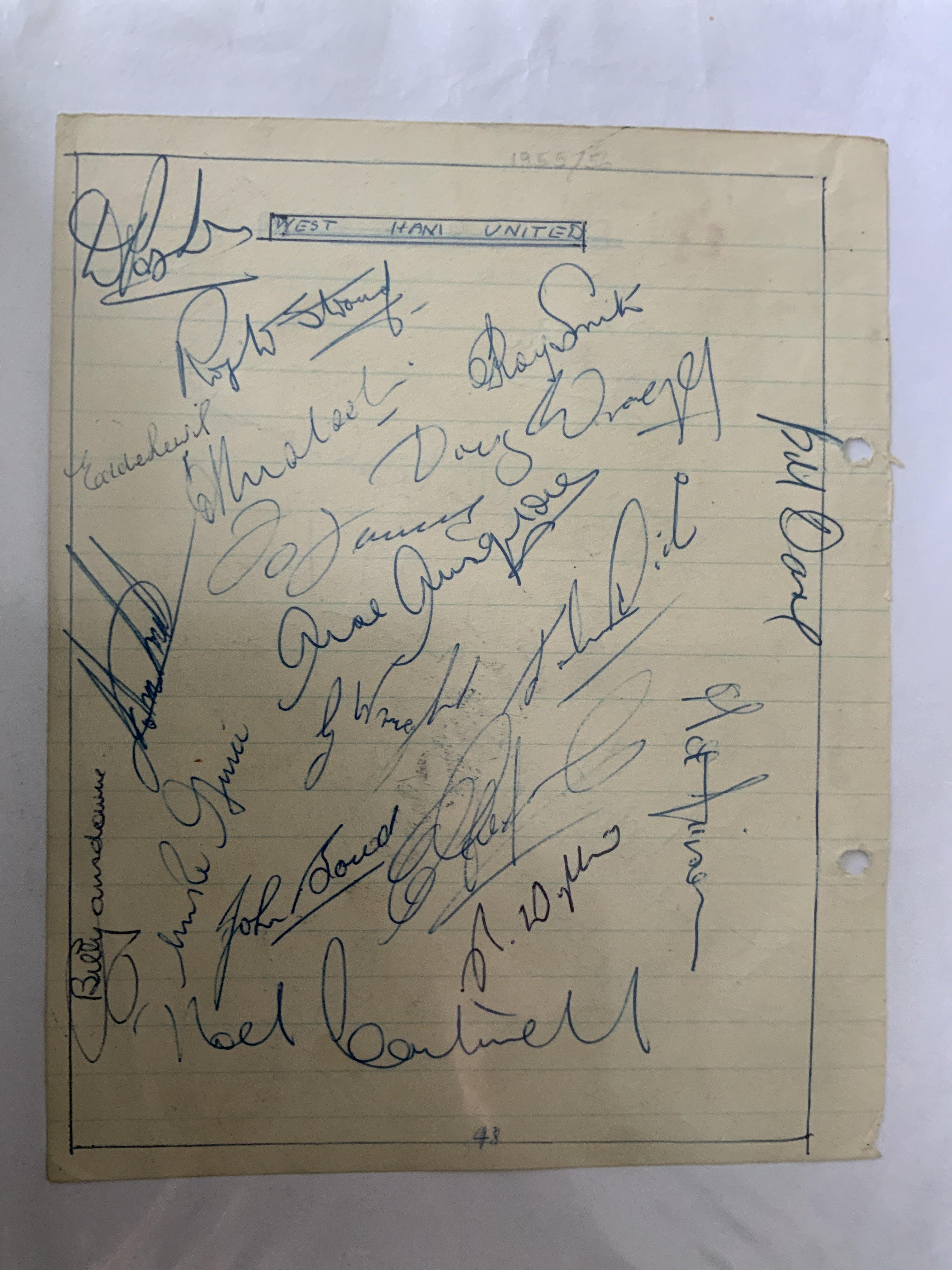 West Ham Old Football Autographs: Two complete pages from the 50s and one on headed paper from the 80s. Folder includes some signed magazine pictures from the 30s onwards. Worth a look.