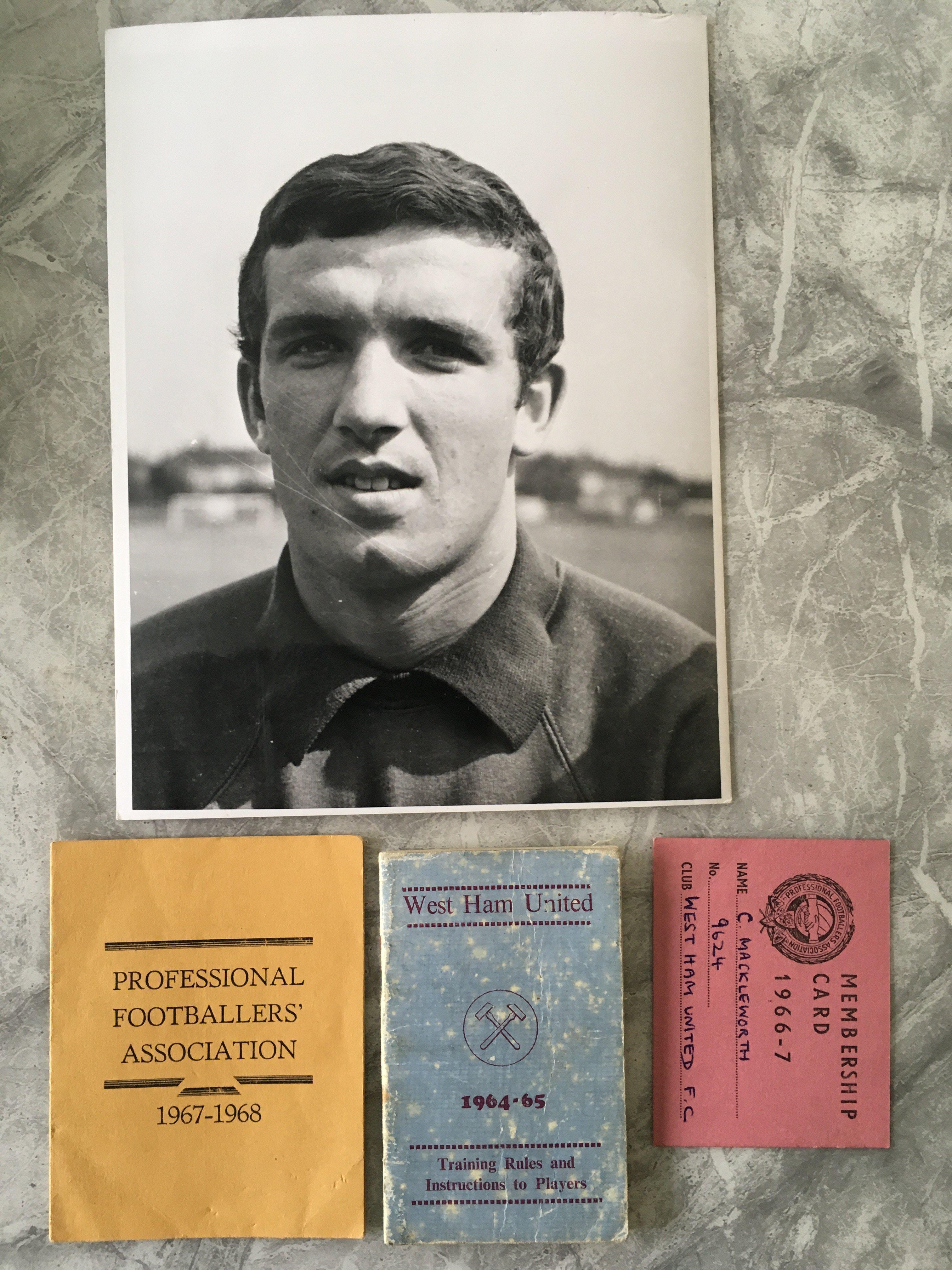 Colin Mackleworth West Ham Personal Football Items: PFA card for 66/67 and 67/68, training rules and instructions to players which doubles up as his players admission ticket and a press photo of him. (4)