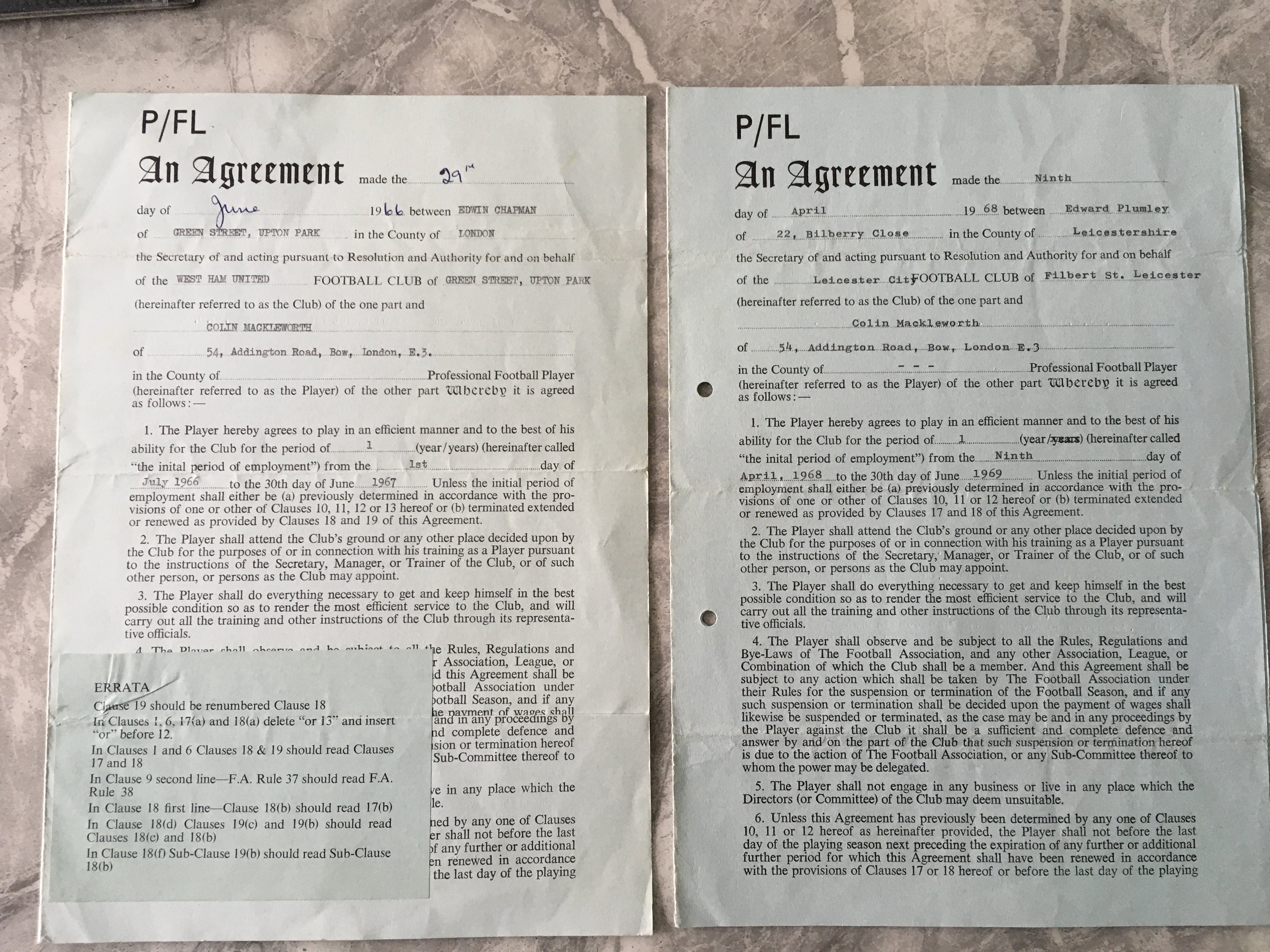 Mackleworth West Ham + Leicester City Football Contracts: West Ham contract for 66/67 hand signed by Colin Mackleworth Ron Greenwood and Eddie Chapman. C/W Leicester contract for 68/69. Please note this is not to be confused with similar replica items reproduced by WH Smith. (2)
