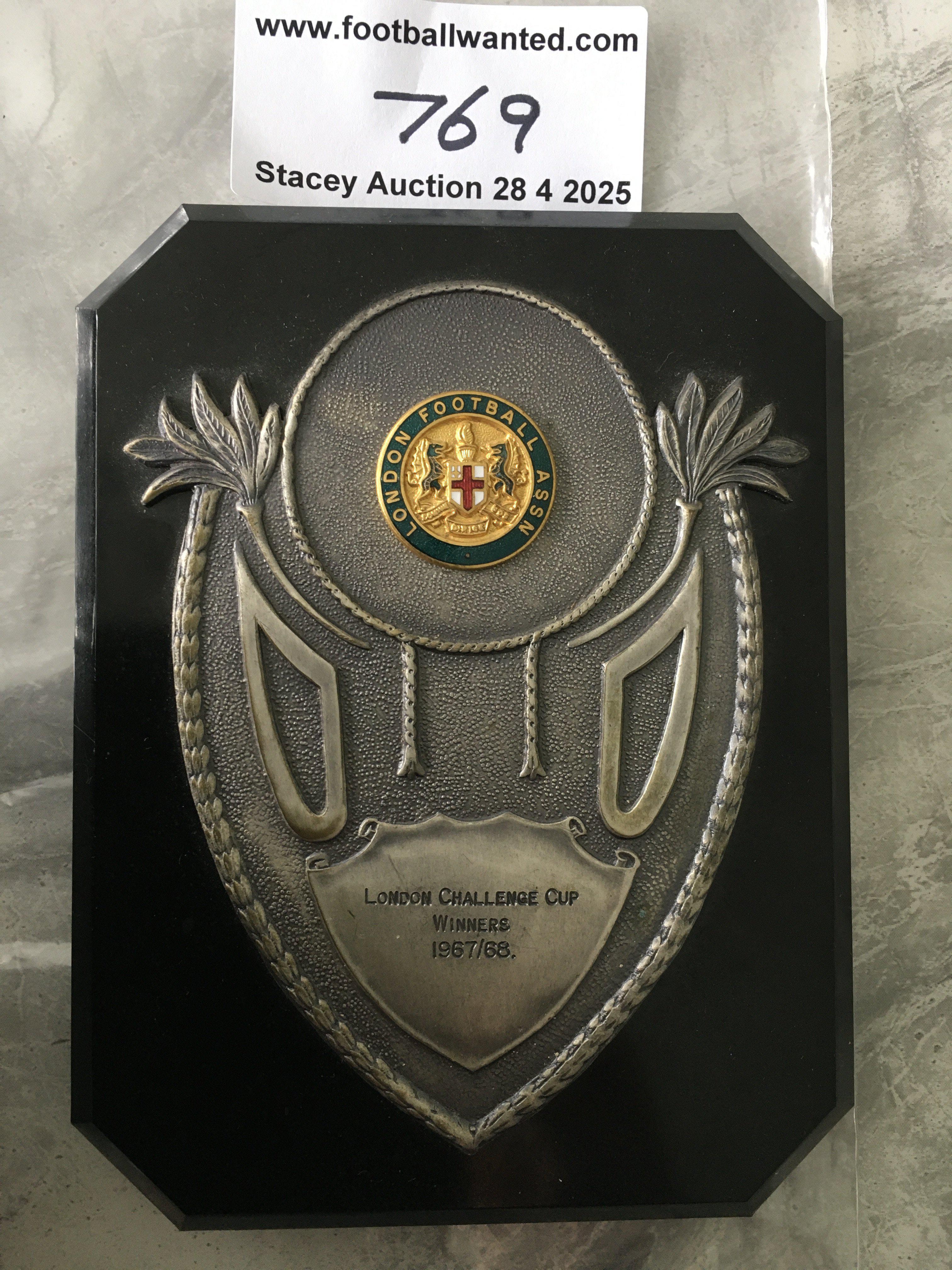 West Ham 67/68 London Challenge Cup Winners Plaque: Nice good condition plaque with London Football Association enamel badge with metal being engraved London Challenge Cup Winners 1967/68. Awarded to Colin Mackleworth who played in the final. West Ham defeated Hendon Enfield and Tottenham along the way.