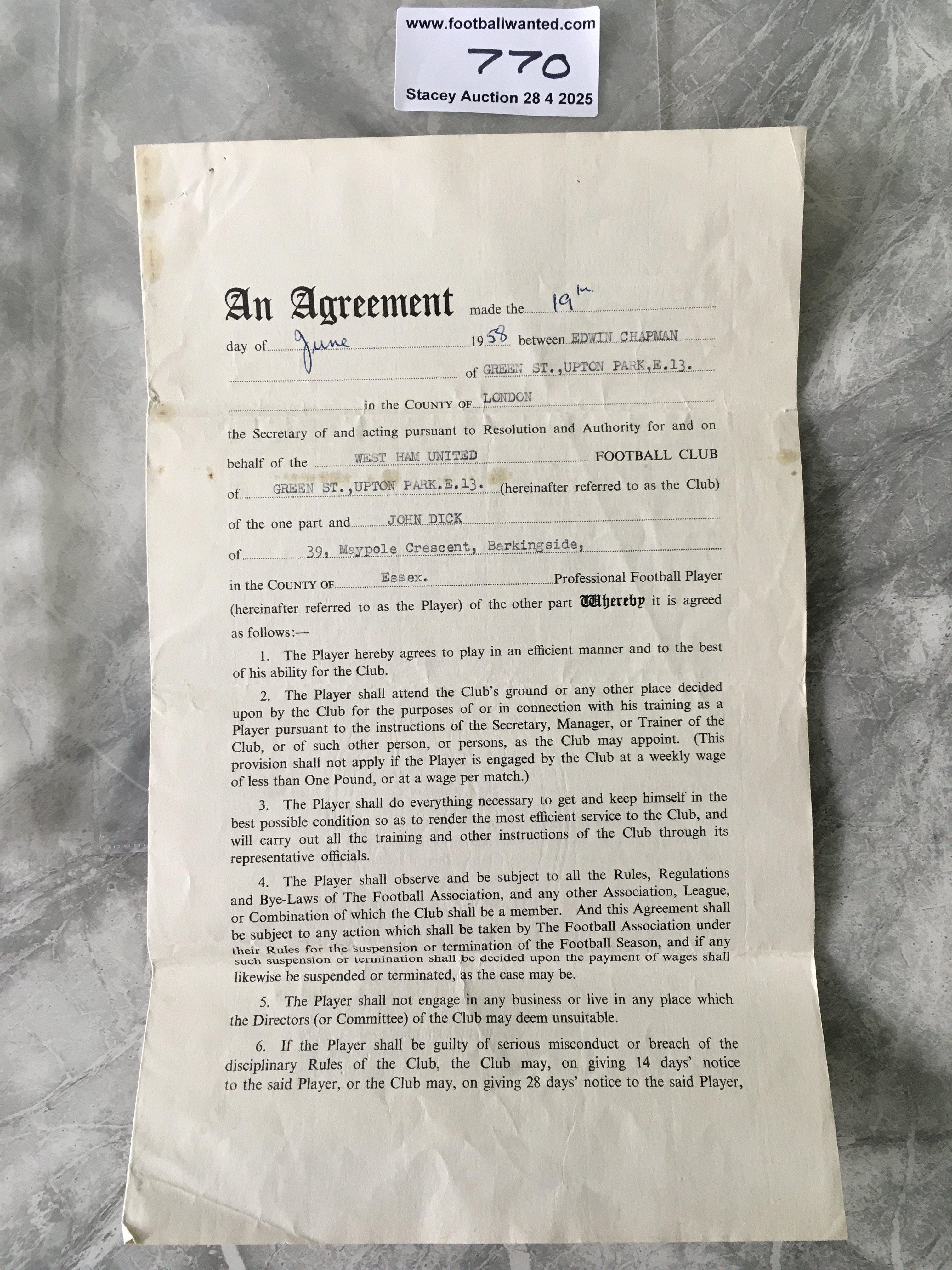 Johnny Dick West Ham 58/59 Football Contract: Original contract from the first season back in the top flight earning a massive 20 pounds during the season per week. Hand signed by John Dick, Eddie Chapman and Ted Fenton.