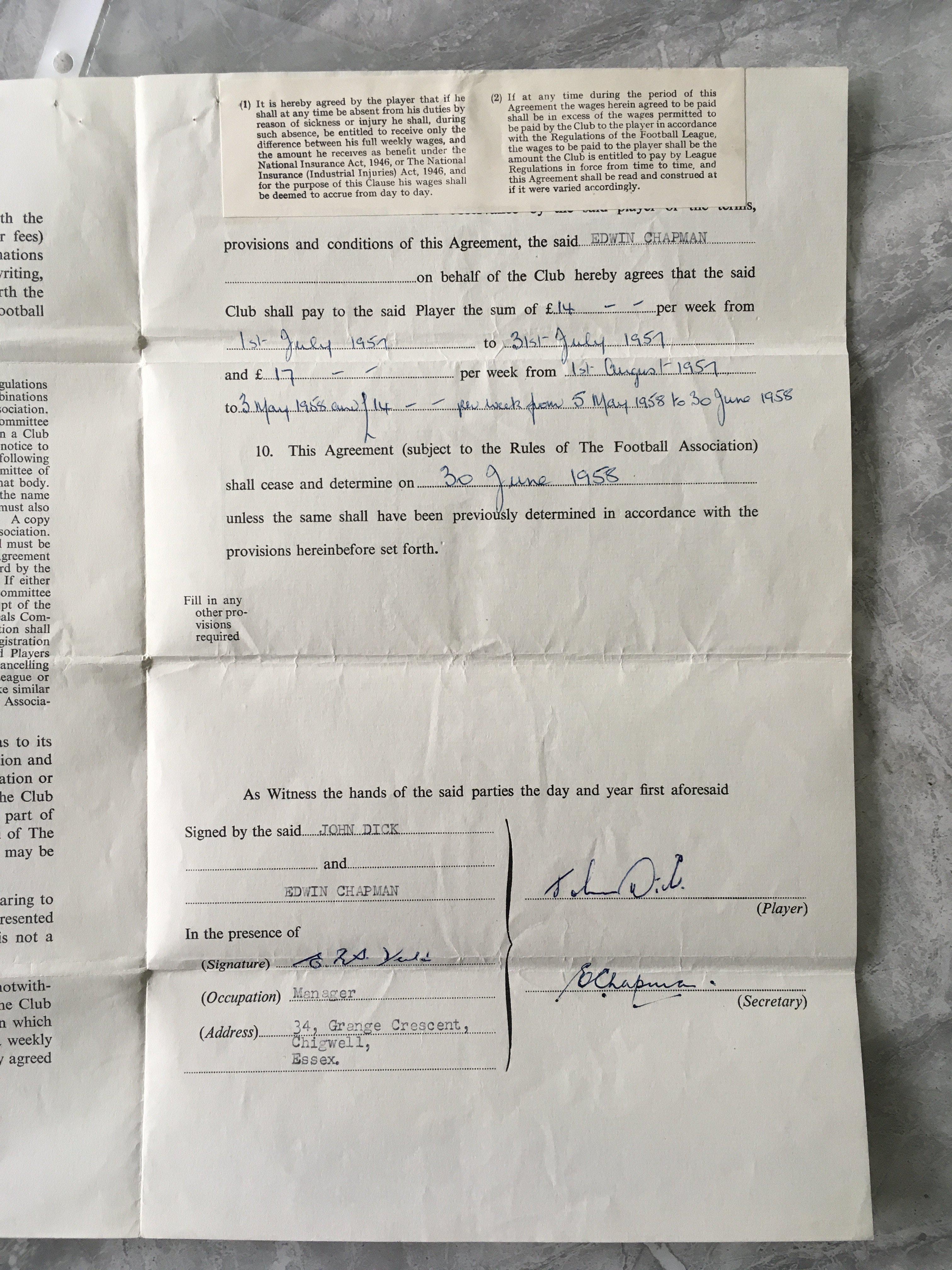 Johnny Dick West Ham 57/58 Football Contract: Original contract from the second division championship season earning a massive 17 pounds during the season per week. Hand signed by John Dick and Eddie Chapman.