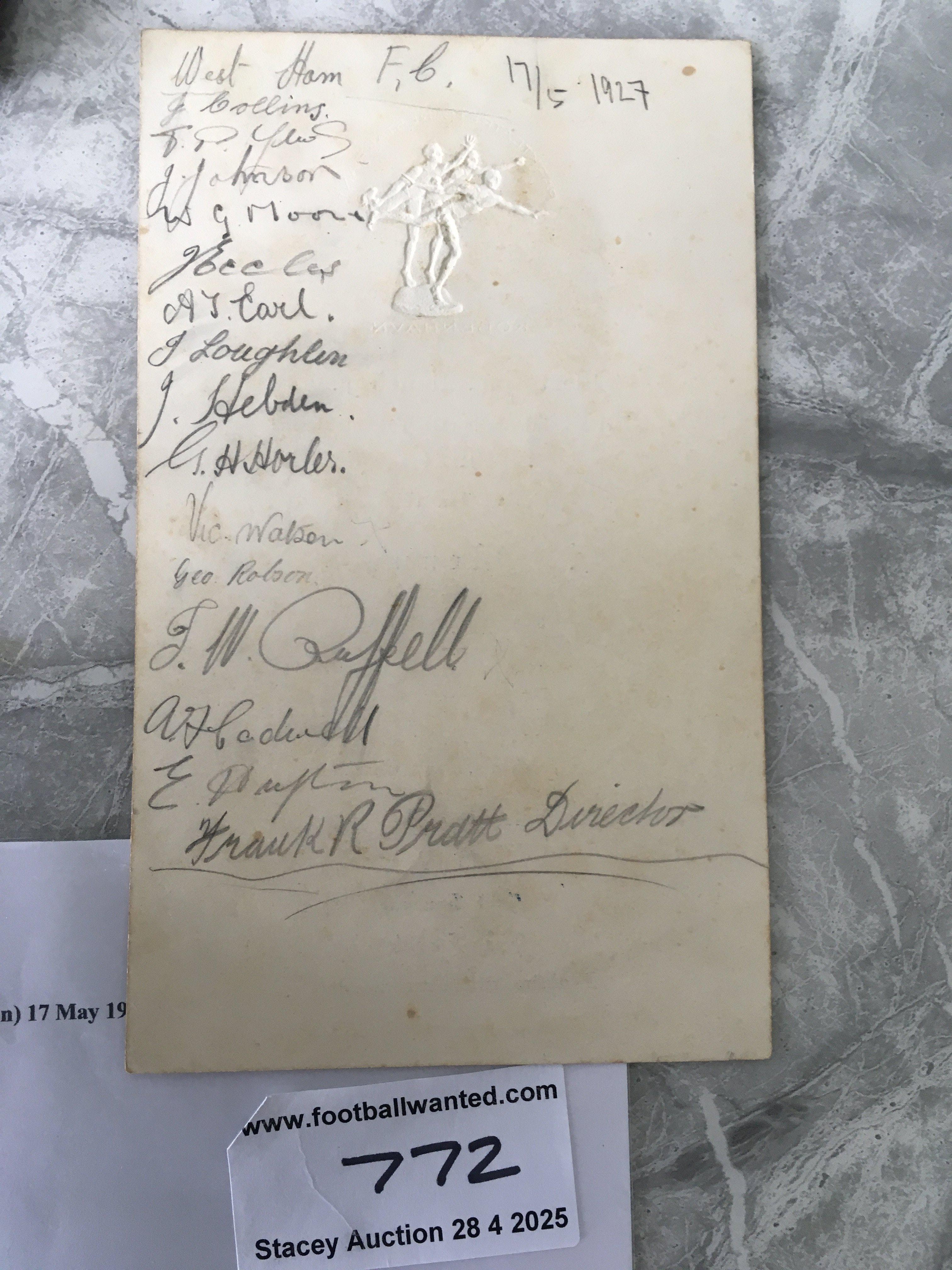 1927 West Ham Tour Signed Football Menu: Nice menu from Copenhagen dated 17 5 1927 signed to blank rear by 15 to include Director Pratt and players Vic Watson Jimmy Ruffell Ted Hufton and others. West Ham beat Copenhagen on this day 2-0. C/W 1909 unsigned letter from Syd King on West Ham headed paper regarding tickets.