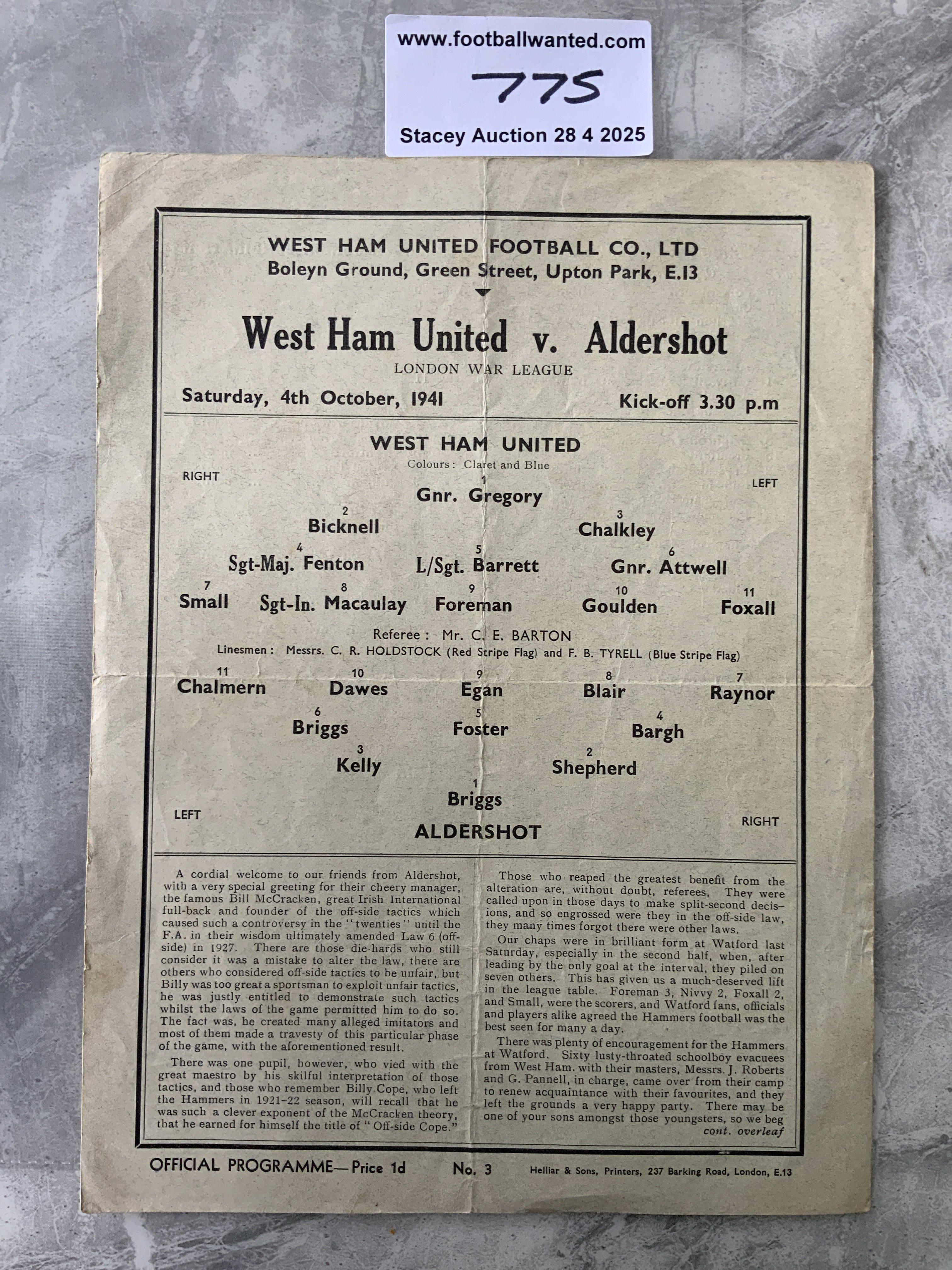 41/42 West Ham v Aldershot Football Programme: Single sheet London War League programme with folding but no team changes. Pencilled numbers to rear.