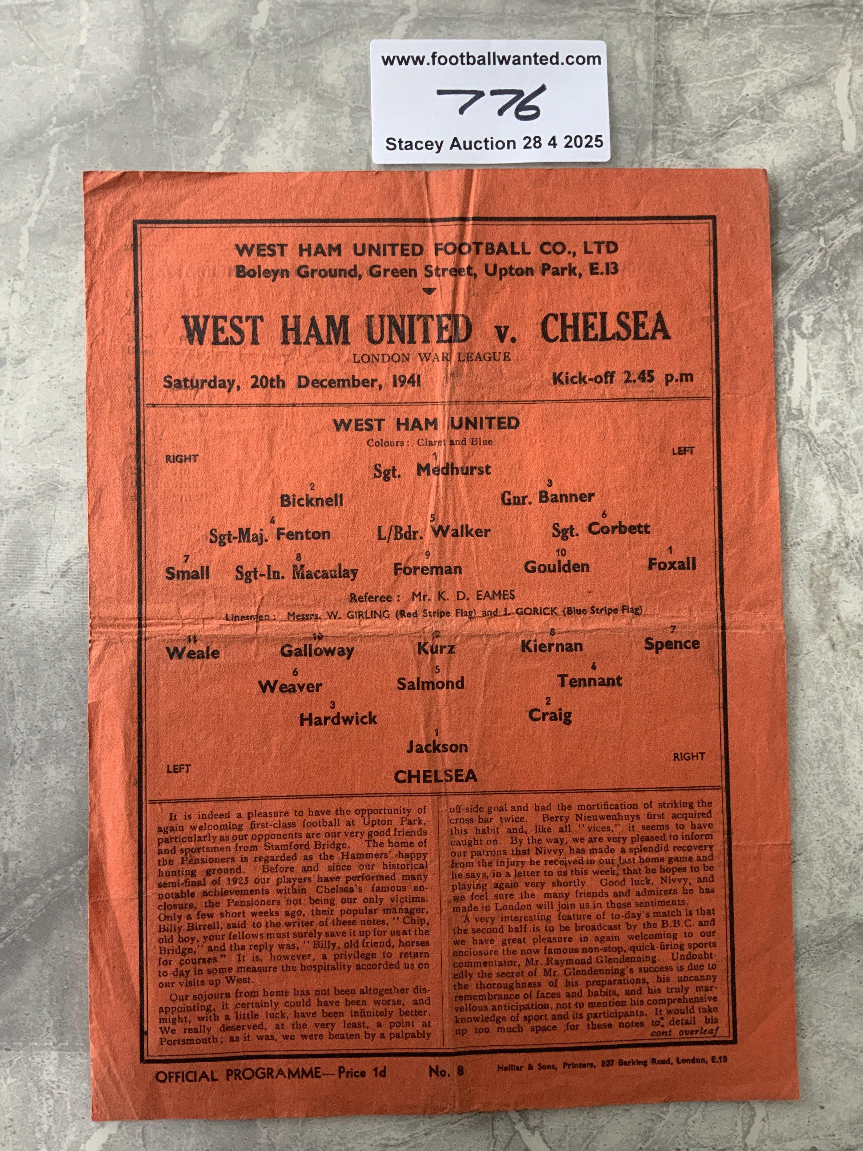 41/42 West Ham v Chelsea Football Programme: Single sheet London War League orange programme with folding and creasing but no team changes.