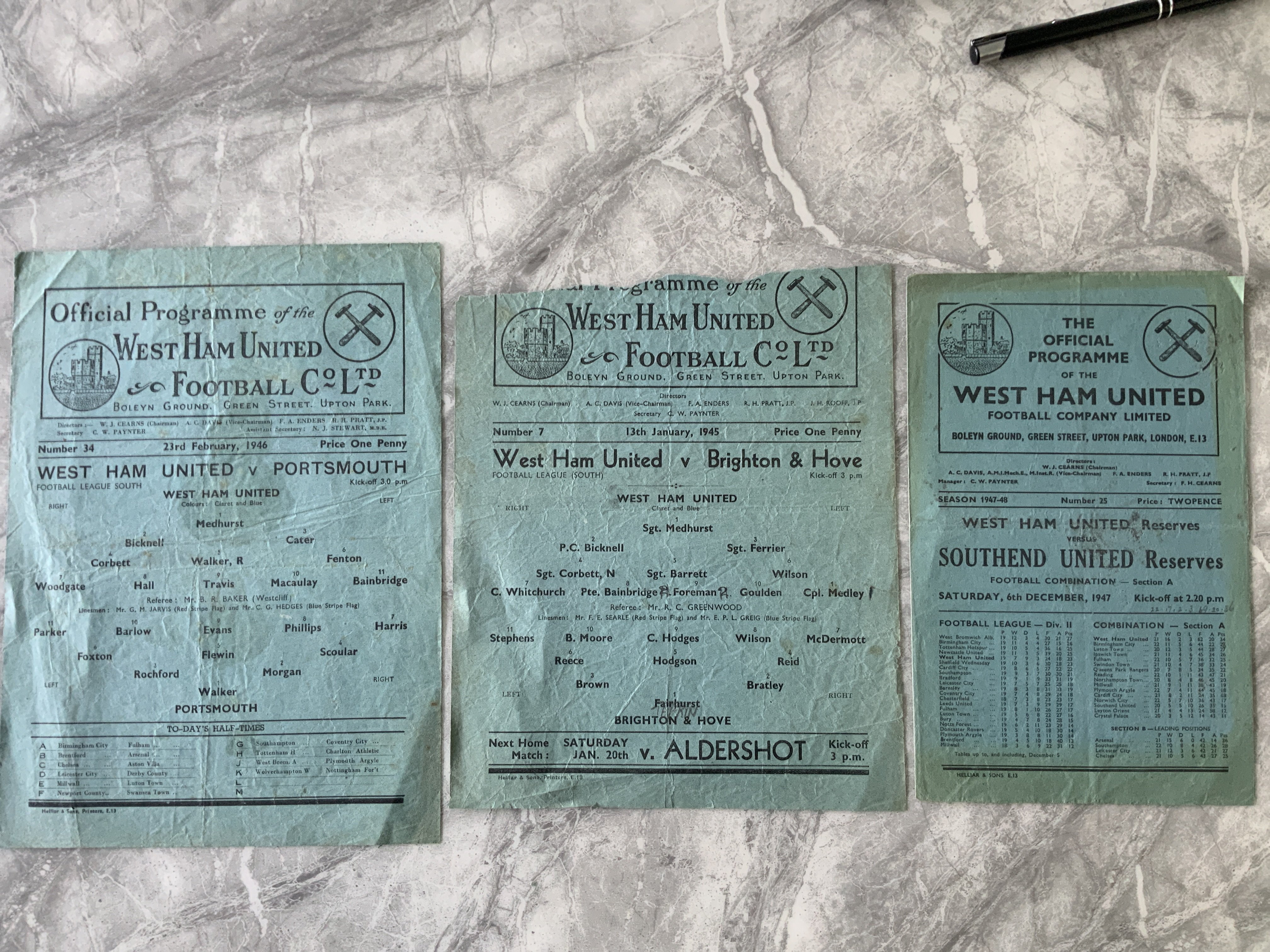 West Ham 1940s Football Programmes: Home matches v 47/48 Southend Reserves and 45/46 Portsmouth League South both fair. C/W badly damaged 44/45 Brighton. (3)