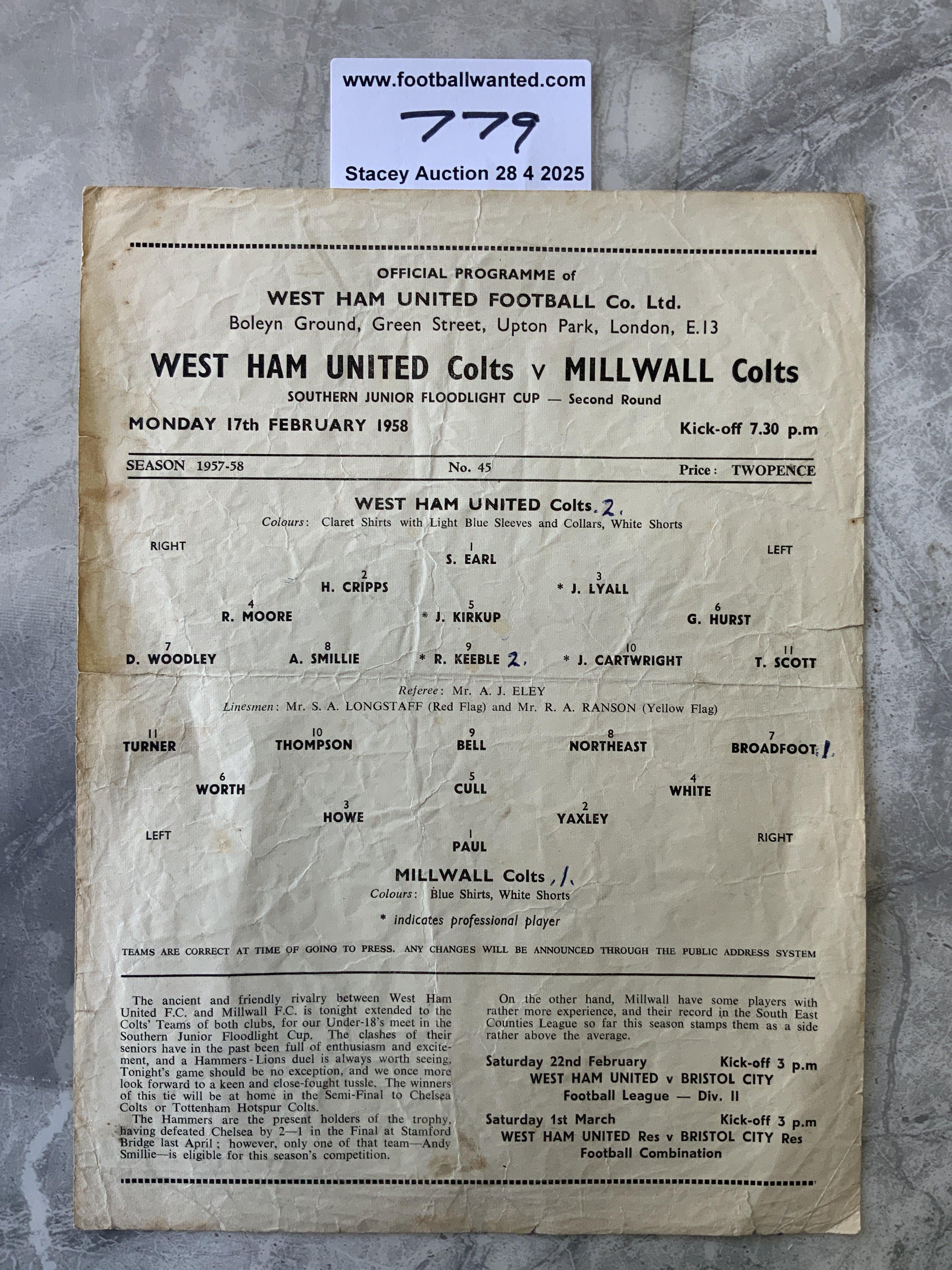 57/58 West Ham v Millwall SJFC Football Programme: Single sheet colts match dated 17 2 1958. Fair condition with a couple of tears and score/scorers noted.