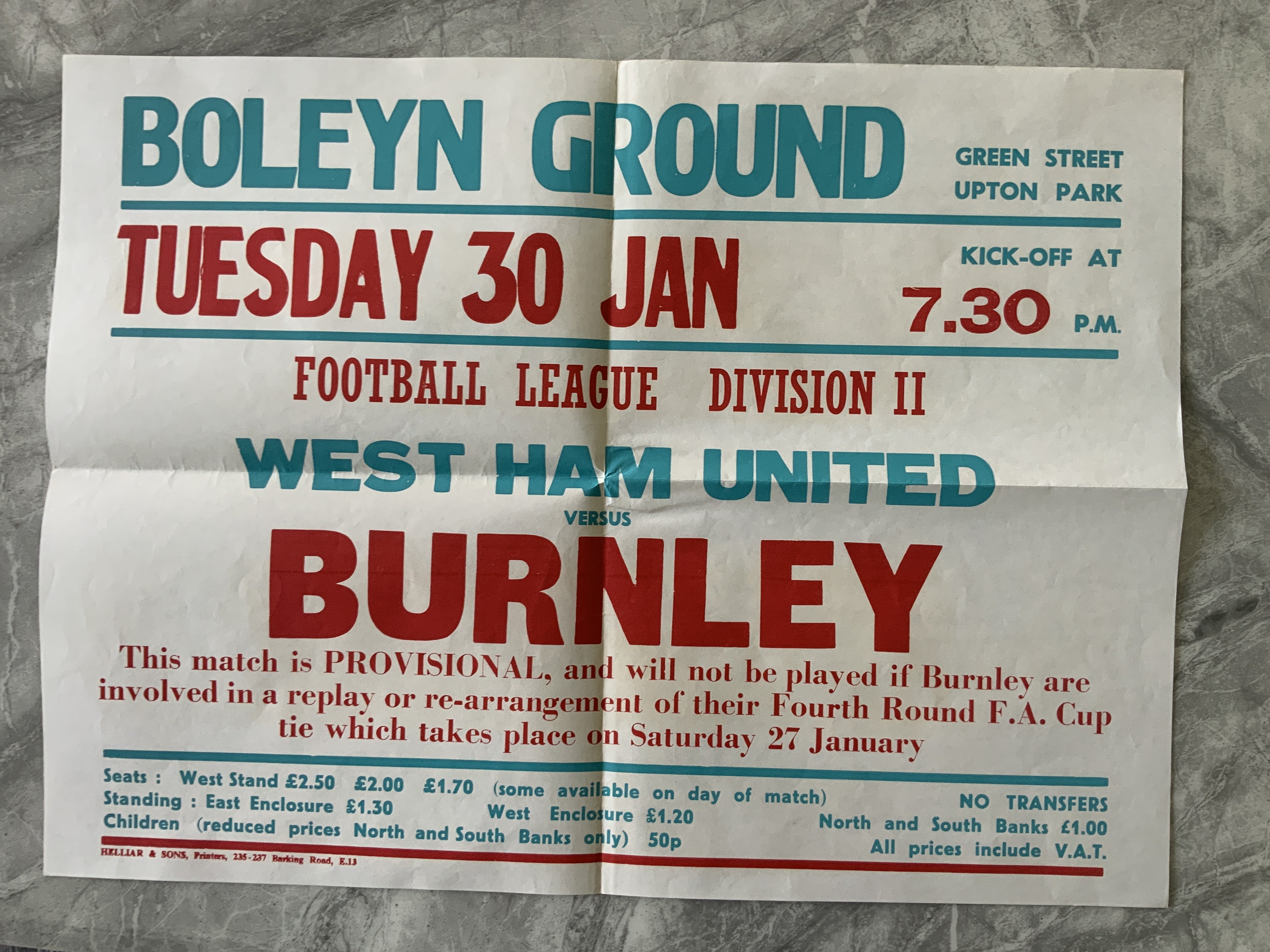 78/79 West Ham v Burnley Football Match Poster: Advertising the match at Upton Park on 30 1 1979 in claret and blue. Excellent condition measuring 20 x 15 inches.
