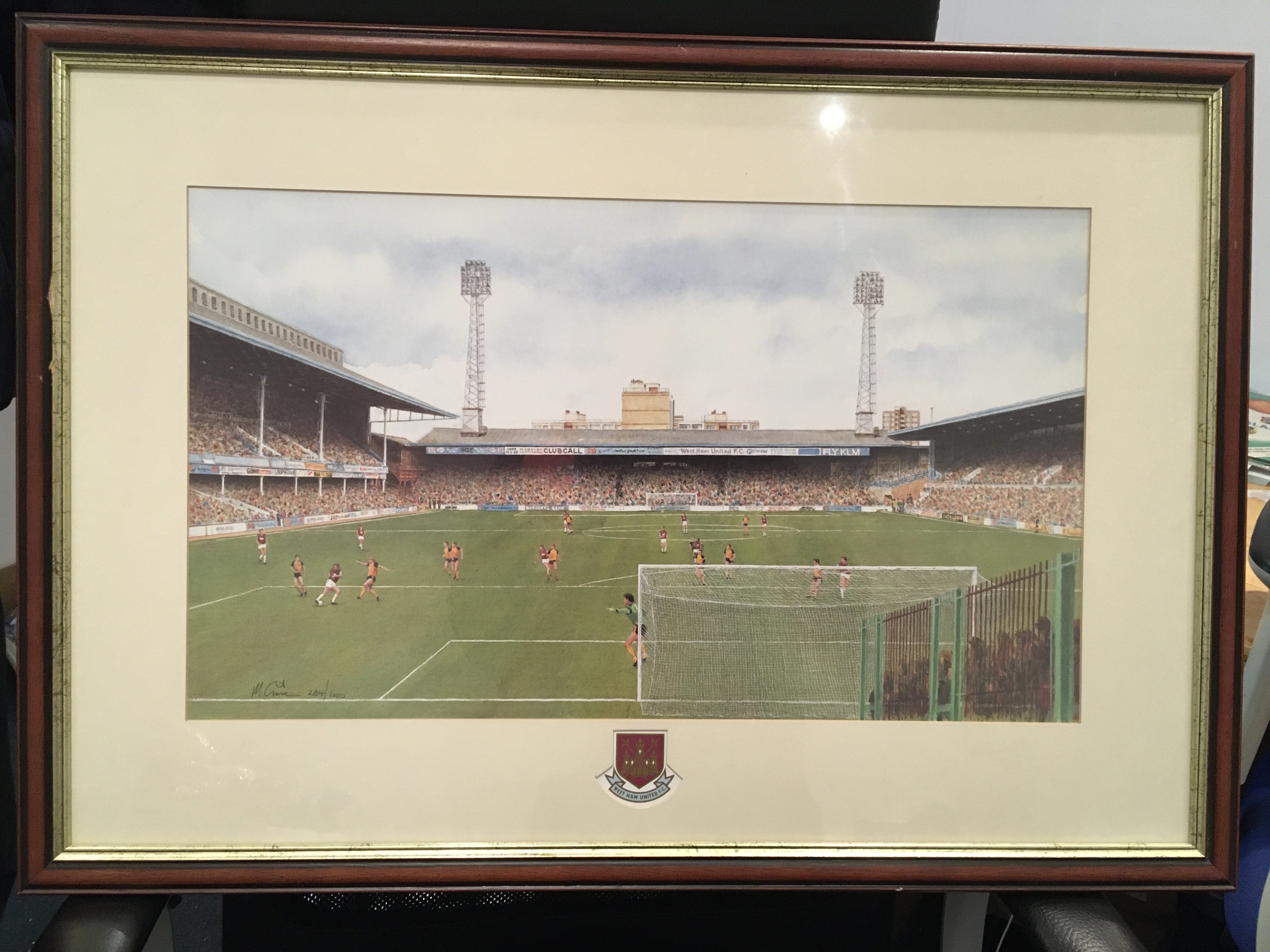 West Ham Upton Park Framed Football Print: Superb view of the famous old Boleyn Ground during action v Hull City. Measuring 29 x 20 inches. Ltd edition of 1000. Not for posting.