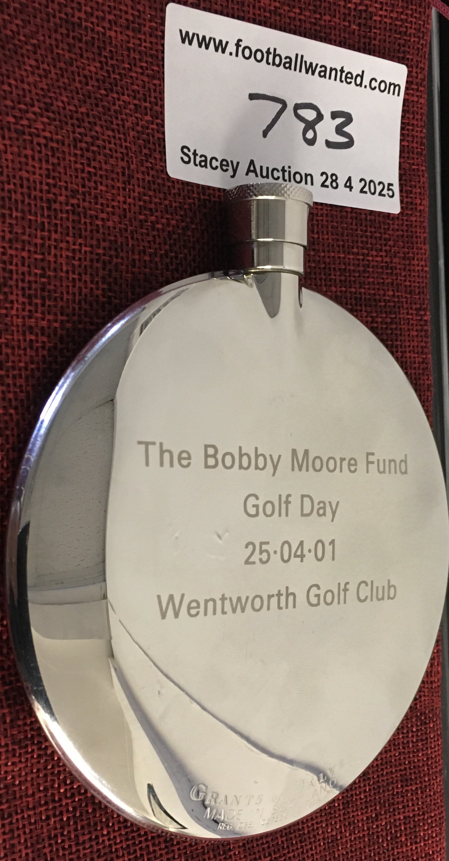 Bobby Moore ( West Ham ) Fund Hip Flask: Expensively made quality hip flask awarded to West Ham ex player Roger Cross at Wentworth in 2001. Unused and like new with engraving.