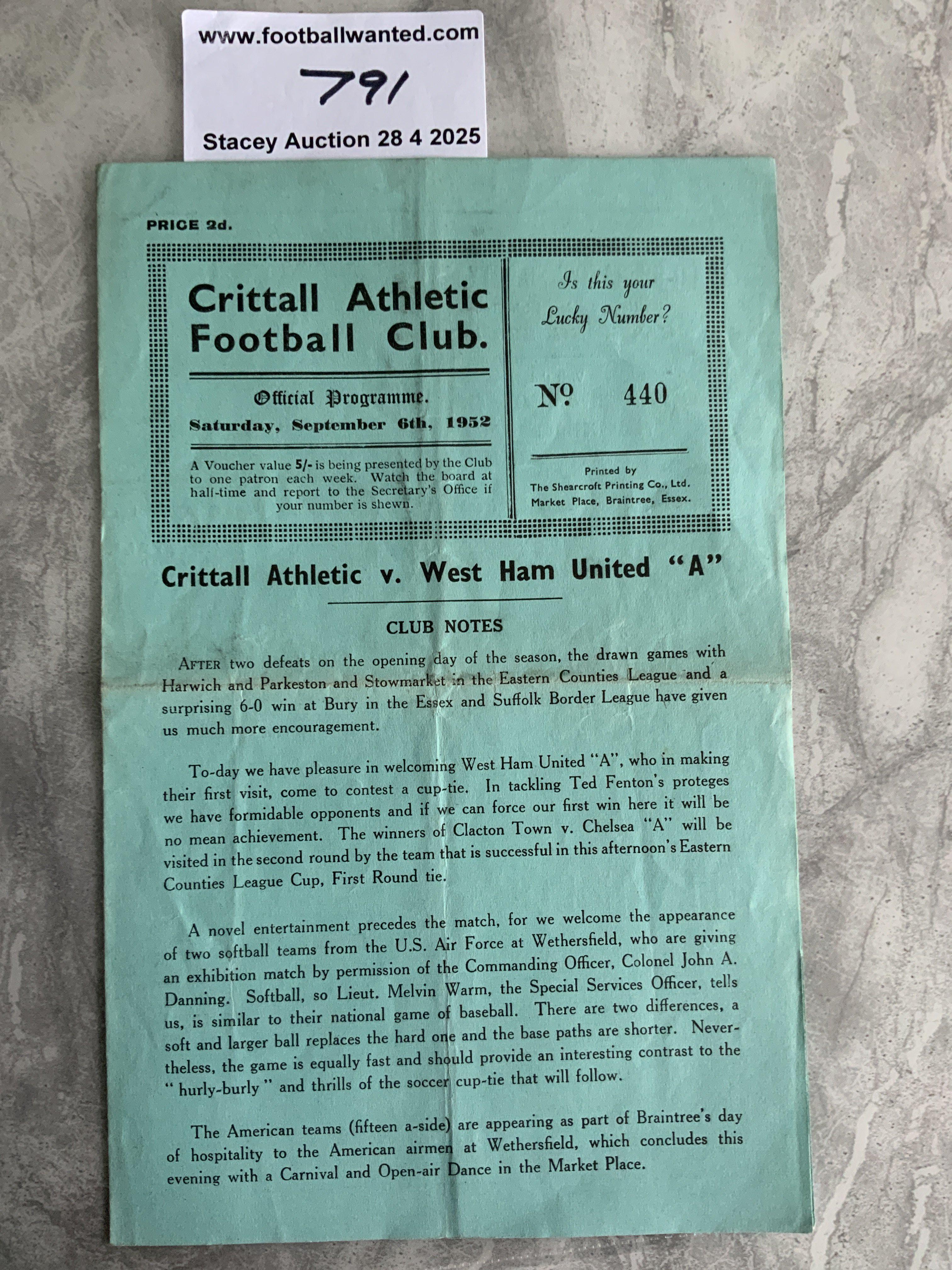 52/53 Crittall Athletic v West Ham A Football Programme: Very good condition Eastern Counties League Cup programme with team changes and score to team page. Dated 6 9 1952.
