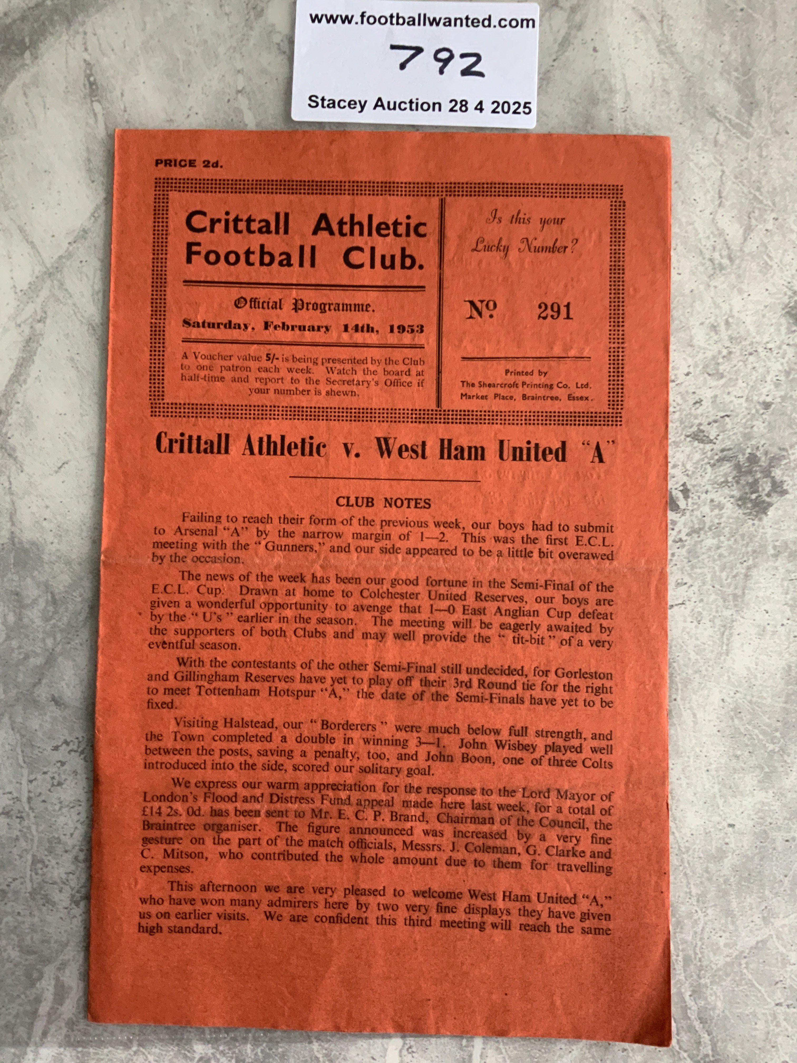 52/53 Crittall Athletic v West Ham A Football Programme: Very good condition Eastern Counties League programme with team changes and score to team page. Dated 14 2 1953.