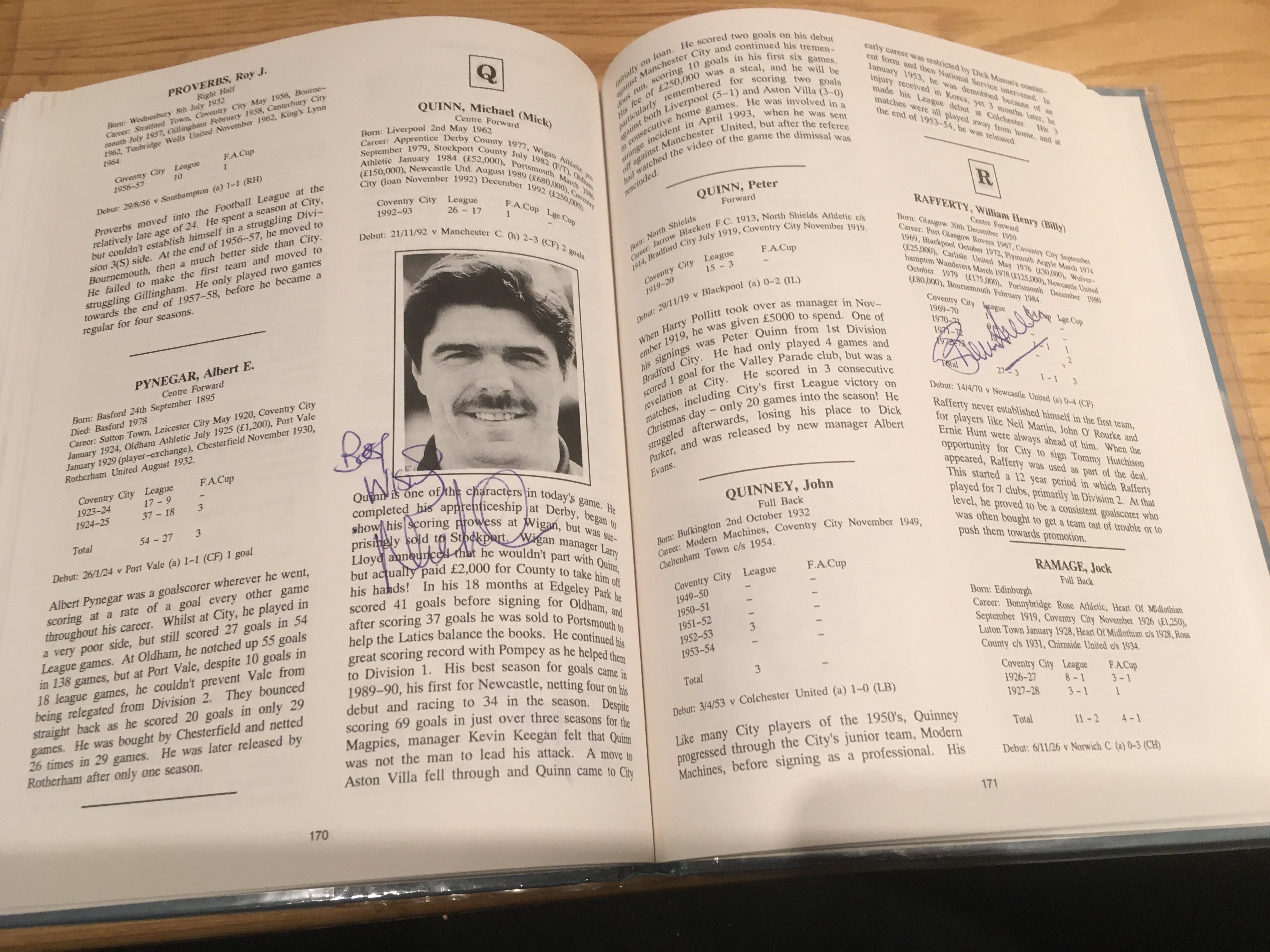 Coventry Multi Signed Whos Who Football Book: Signed without dedication clearly on players paragraph or photo. Genuine painstakingly collected excellent condition hardback book. Full list of players included has been stuck down inside first page and is pictured online. (89 autographs)