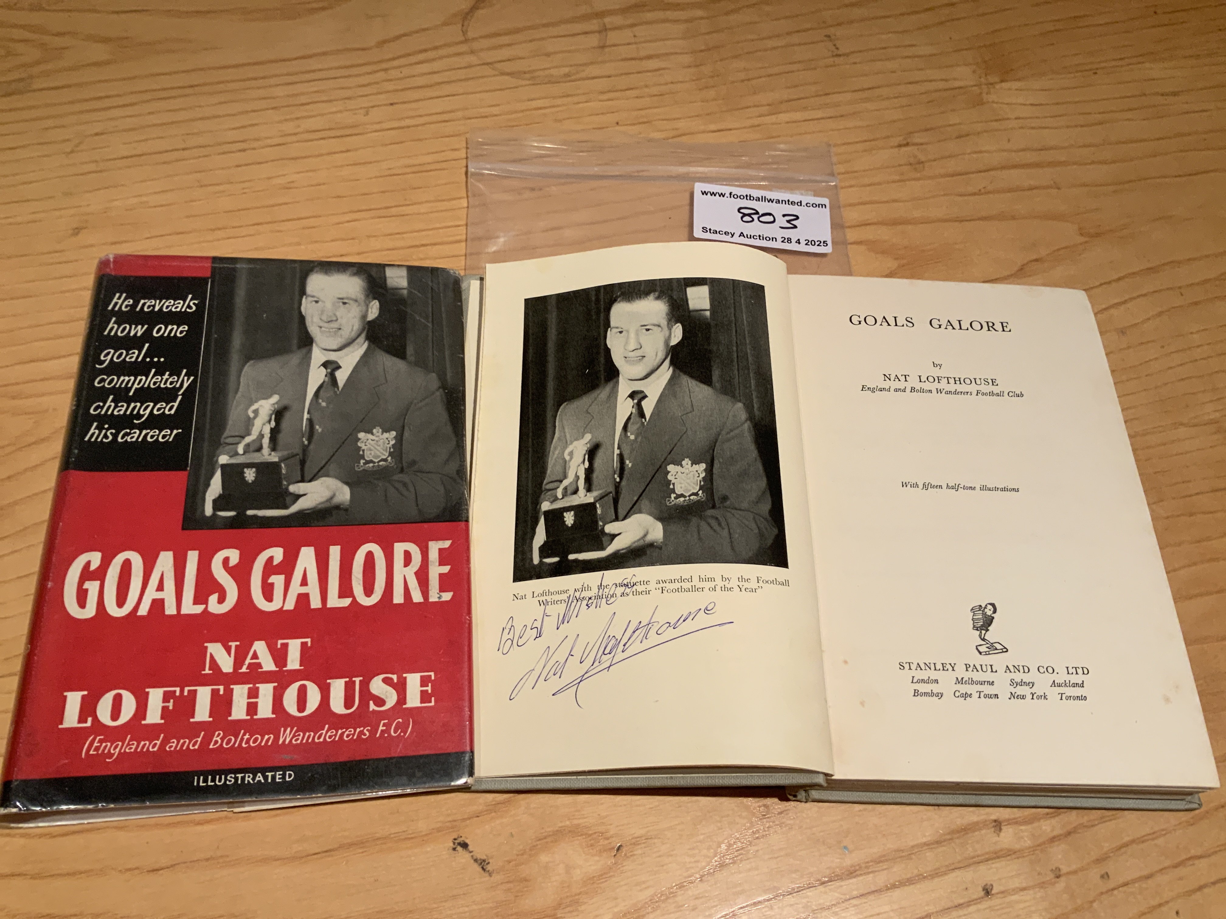 Nat Lofthouse Signed Football Book: Goals Galore hardback book with good dust jacket hand signed without dedication by the Bolton and England star.