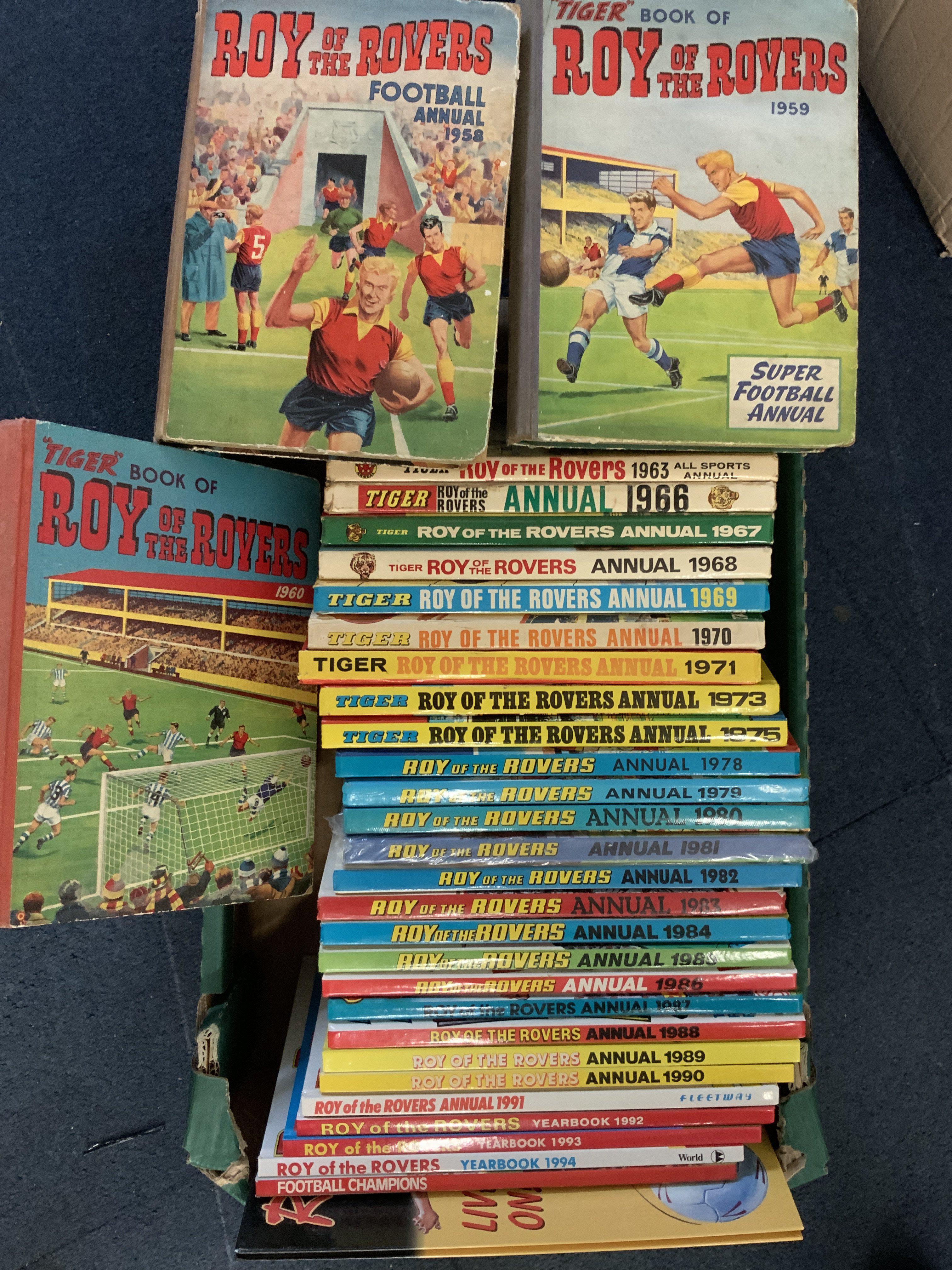 Roy Of The Rovers Football Book Annuals: Incomplete run from 1958 to 1994 in good condition. (31)