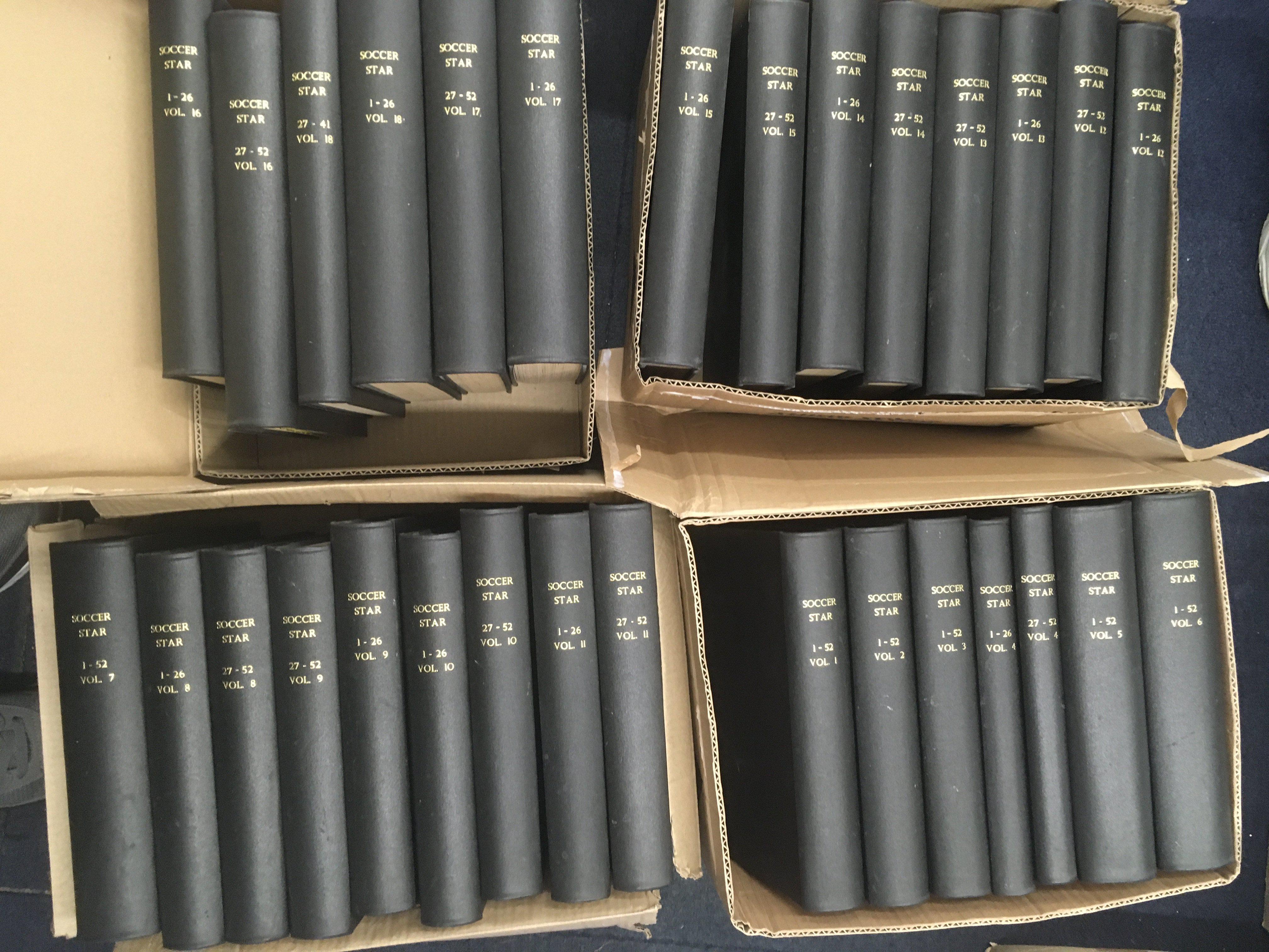 Soccer Star Magazine Complete Bound Volume Collection: From the first copy of 20 9 1952 to the last one on 19 6 1970. Started off life as Raich Carters Soccer Star and his name was later dropped. Stunning black binders with volume and numbers in gold to spine. Rare chance. 30 volumes. (4 boxes)