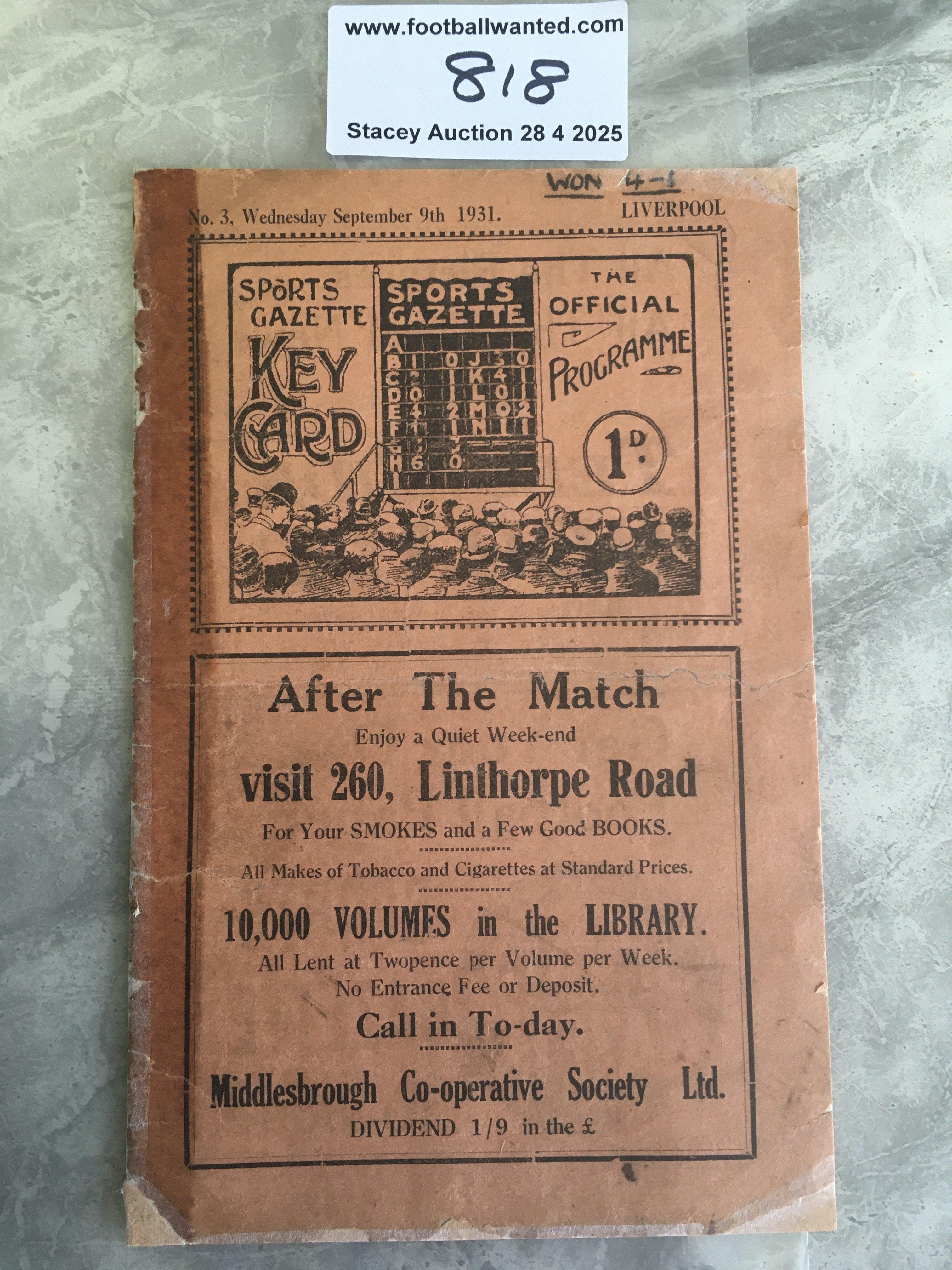 31/32 Middlesbrough v Liverpool Football Programme: Repaired with celotape mark to spine and a couple of additional repairs to border. Score to cover and wear to back page. No team changes.