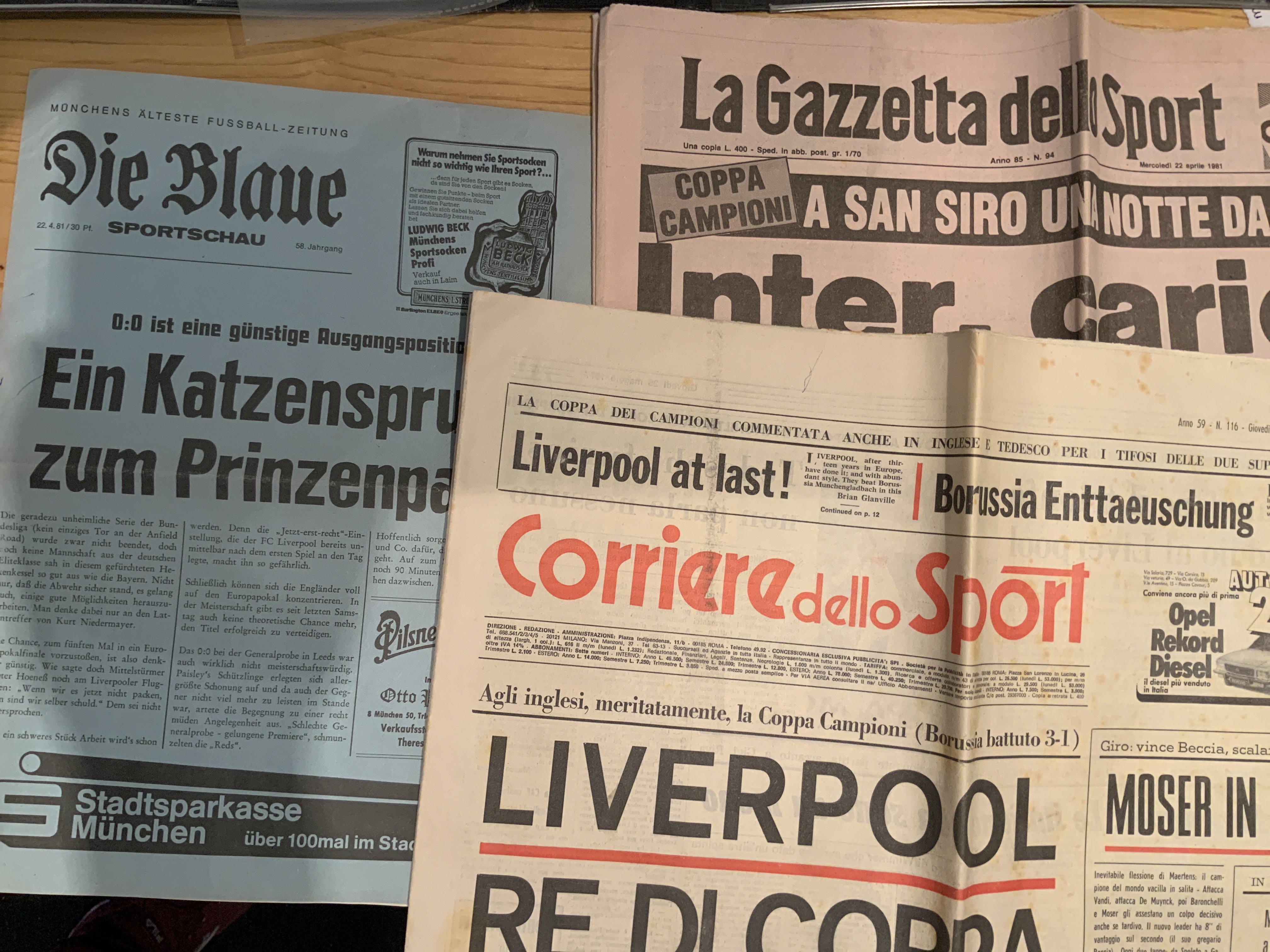 Liverpool European Away Football Newspapers: Die Blaue programme for 1981 match at Bayern Munich and other semi final between Real Madrid and Inter Milan. C/W 1977 Corriere Dello Sport for final v Monchengladbach.