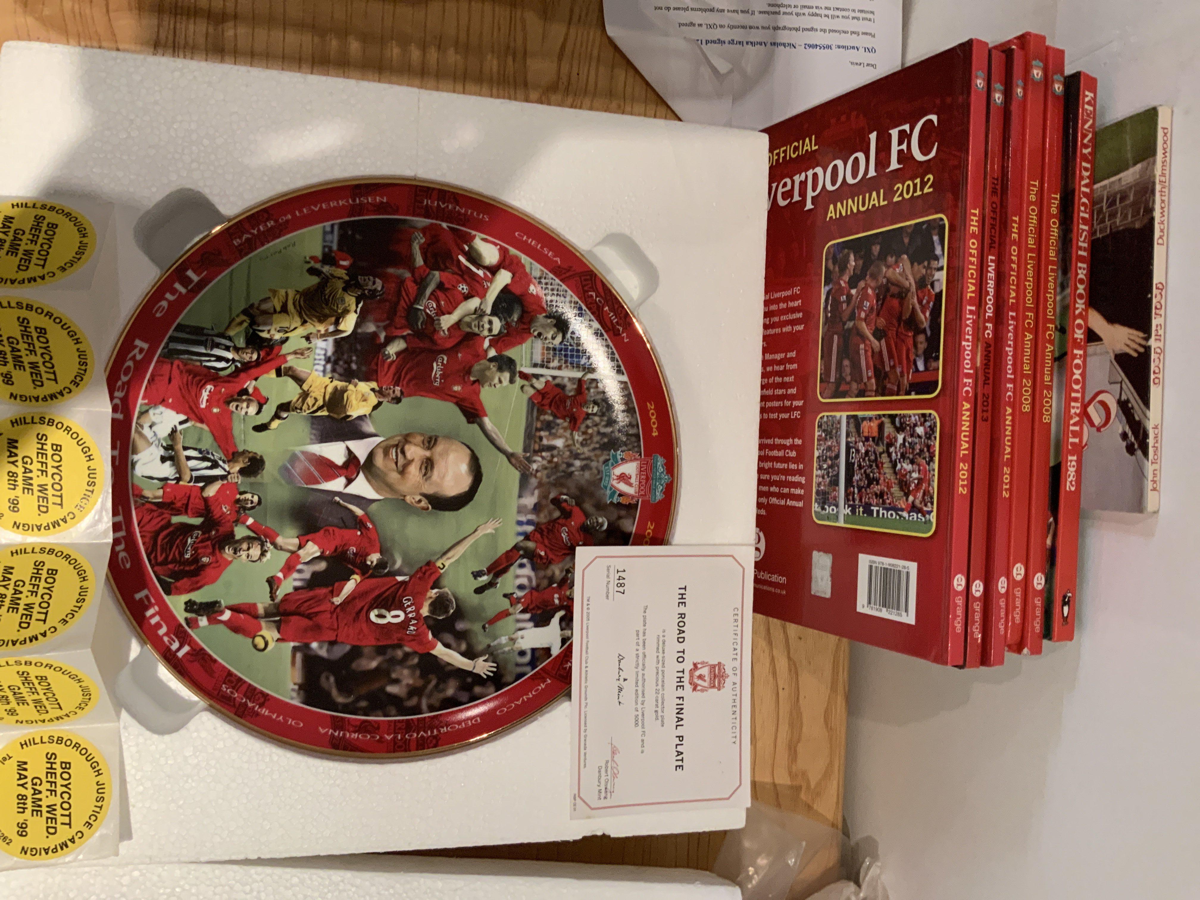 Liverpool Football Memorabilia: Large Danbury Mint plate from 2005 named The Road To The Final, Annuals, Breedon Complete Record book, Bed spread, Bar towels, Shankly plate, Scarves, Pennants, Programmes a few 70s tickets and more.