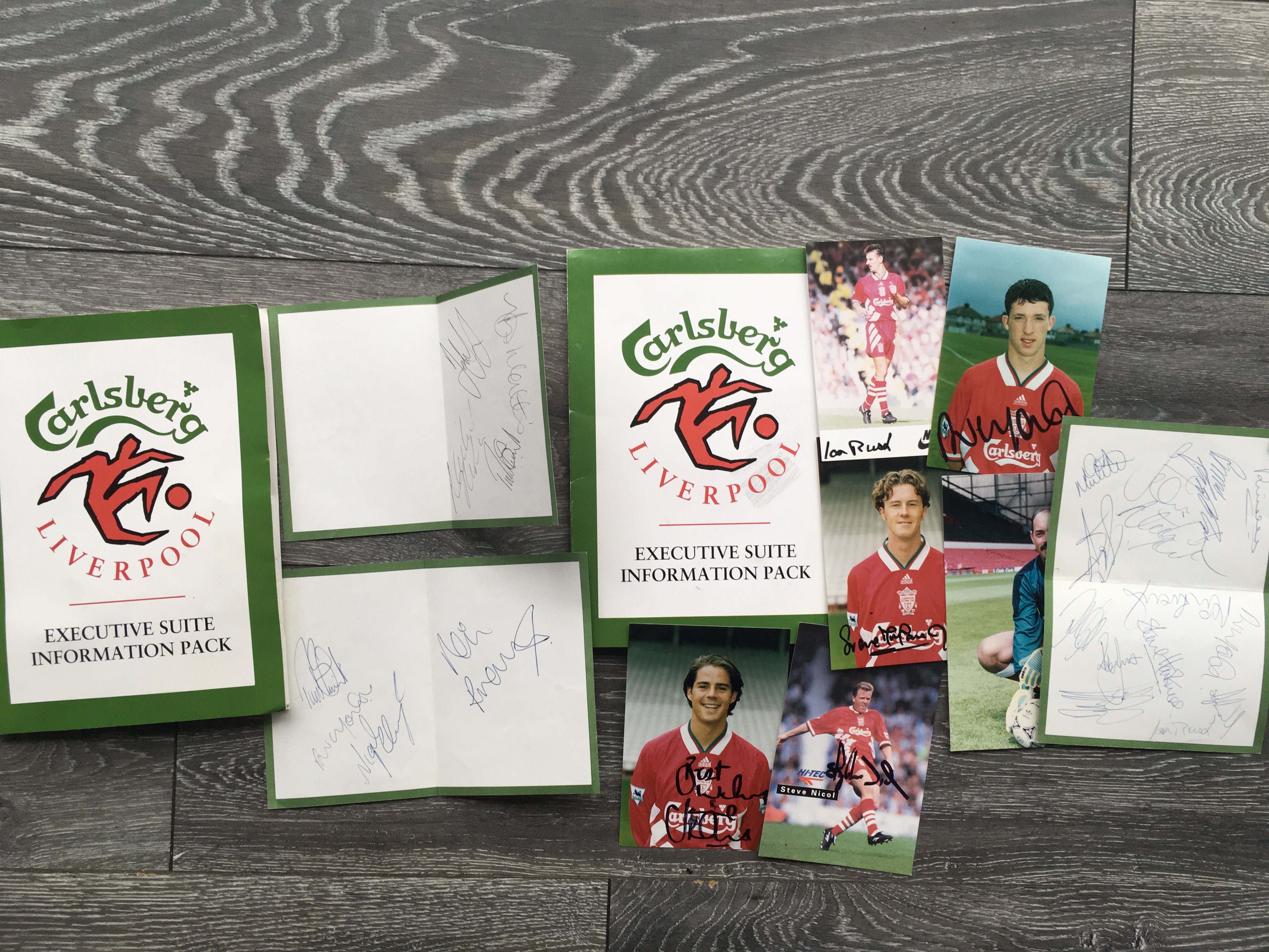 Liverpool Signed Football Memorabilia: Two 1990s executive packs with around 30 small signed photos collected on these visits. Includes Dalglish Hansen Whelan Barnes Venison plus more recent Ruddock Redknapp and James.