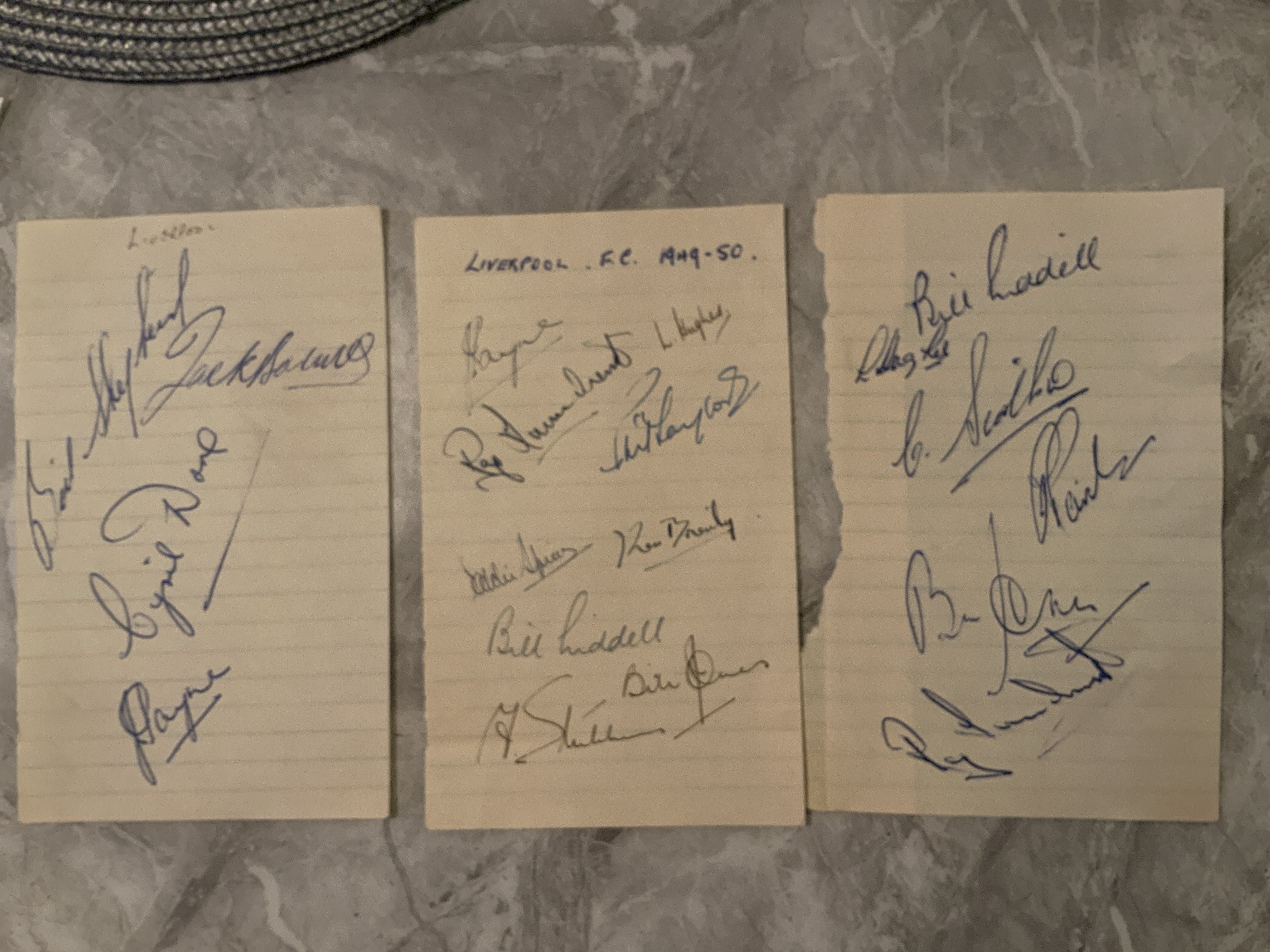 49/50 Liverpool FA Cup Final Team Football Autographs: Exercise book pages signed by 19 of the squad including Cup finalists Jimmy Payne Albert Stubbins Bill Jones Laurie Hughes Eddie Spicer and Billy Liddell with slight duplication.